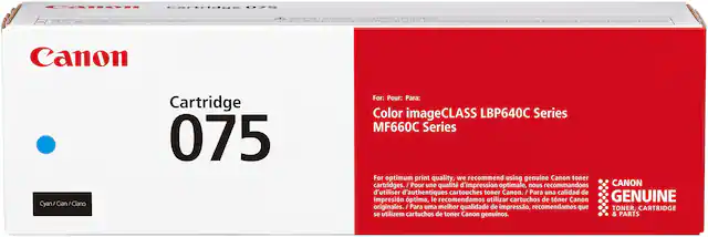 Canon
Cartridge 075
Cyan / Cian / Ciano
For: Pour: Para:
Color imageCLASS LBP640C Series
MF660C Series
For optimum print quality, we recommend using genuine Canon toner cartridges.
Pour une qualité d'impression optimale, nous recommandons d'utiliser des cartouches toner Canon authentiques.
Para una calidad de impresión óptima, le recomendamos utilizar cartuchos de toner Canon originales.
Para una mejor calidad de impresión, recomendamos que se utilicen cartuchos de toner Canon genuinos.
CANON
GENUINE
TONER, CARTRIDGE & PARTS