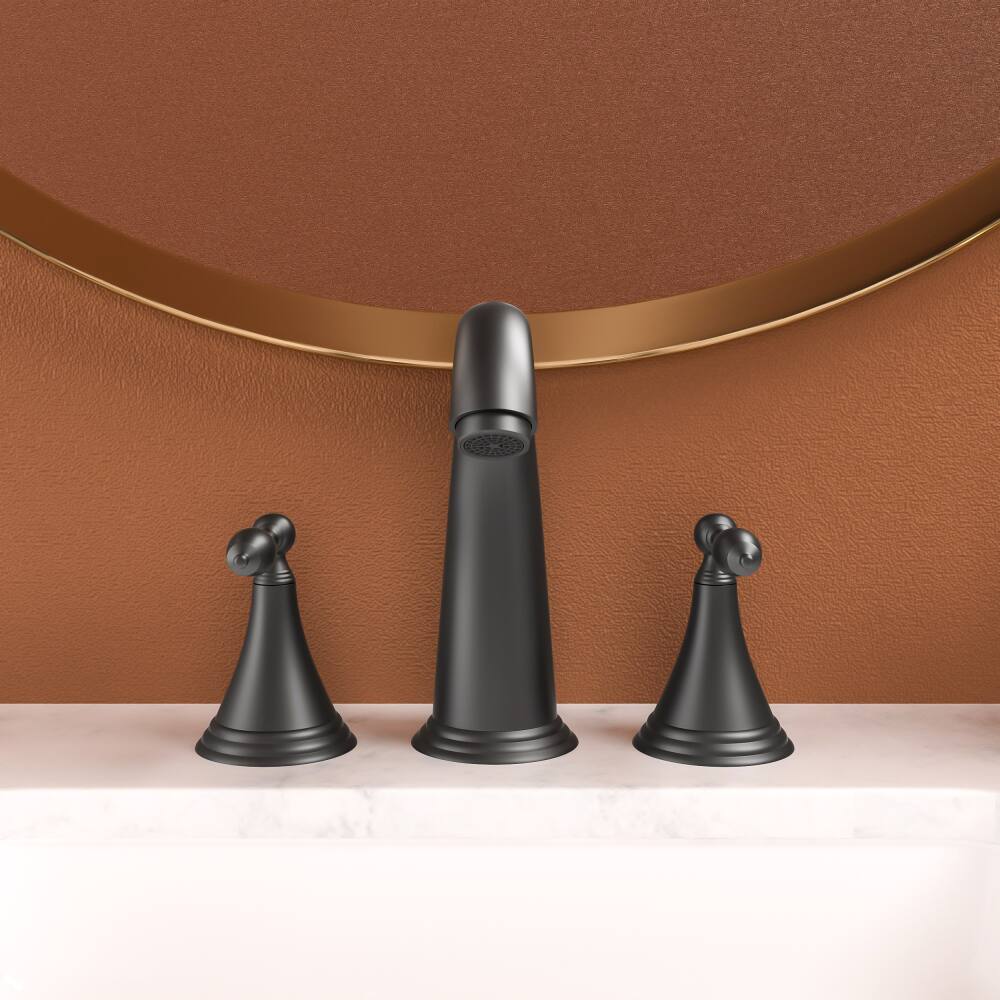 Angle. JUJABU - 2 Handle Widespread Bathroom Faucet 3 Hole with Pop Up Drain and 2 Water Supply Lines, Matte Black - Matte Black.
