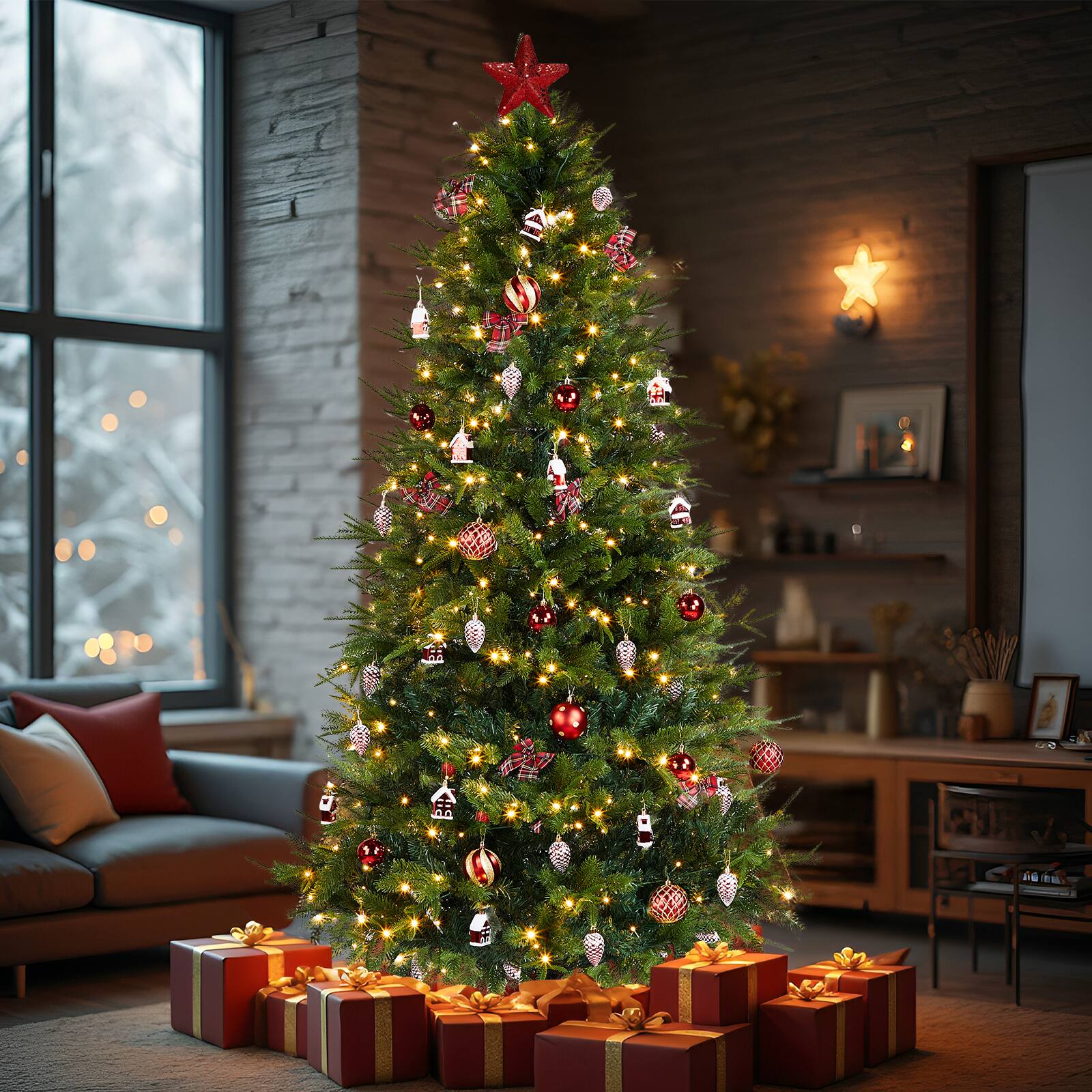 Alt View 7. VAVSEA - 7.5 ft Pre-Lit Artificial Christmas Tree with 400 Warm White LED Lights, Hinged Xmas Tree with Skirt & Red Ornaments - Green.