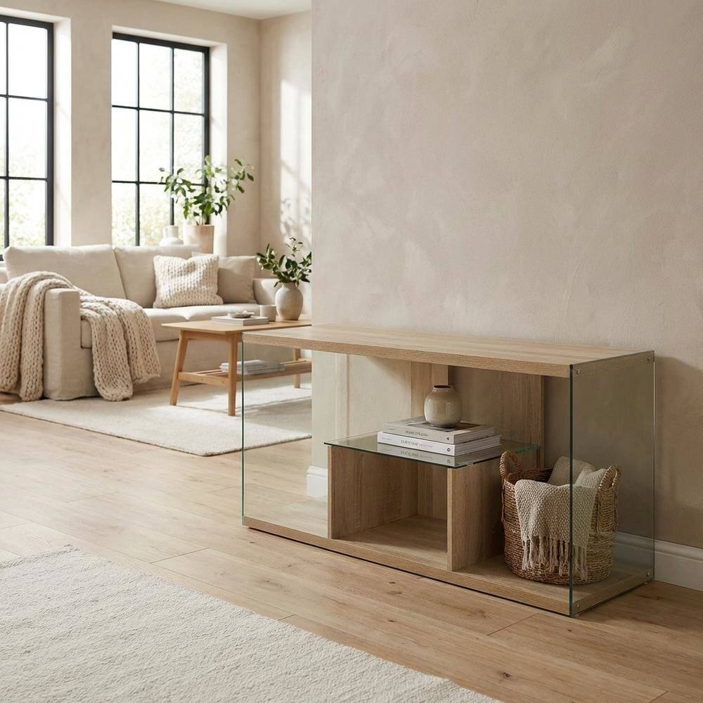 Alt View 2. FurniFact - Weathered White TV Stand with Tempered Glass and Particle Board Surface - White.