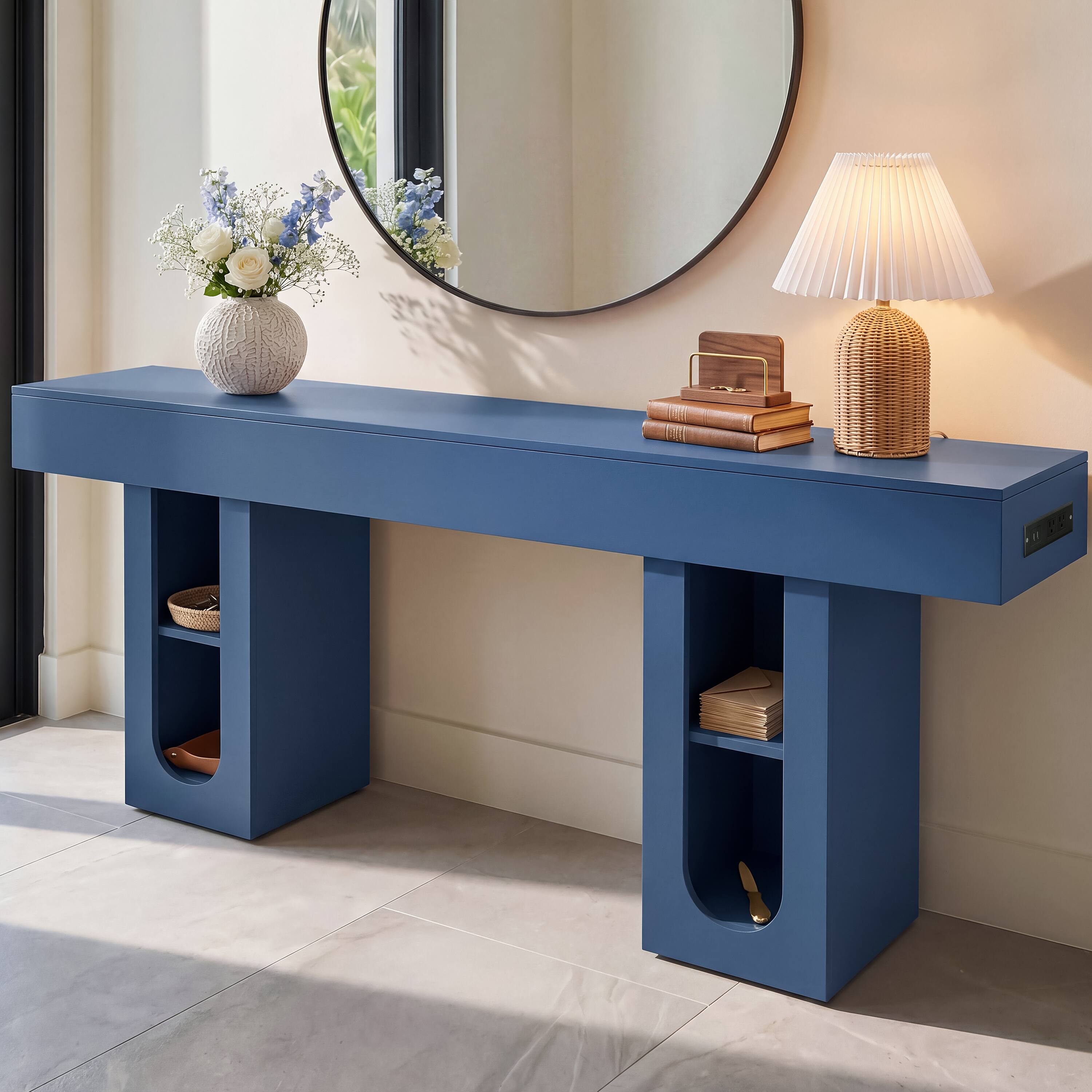 Left. Whisen - 71-Inch Long Console Table with Built-in Power Outlet and Adjustable Shelves-Blue - Blue.