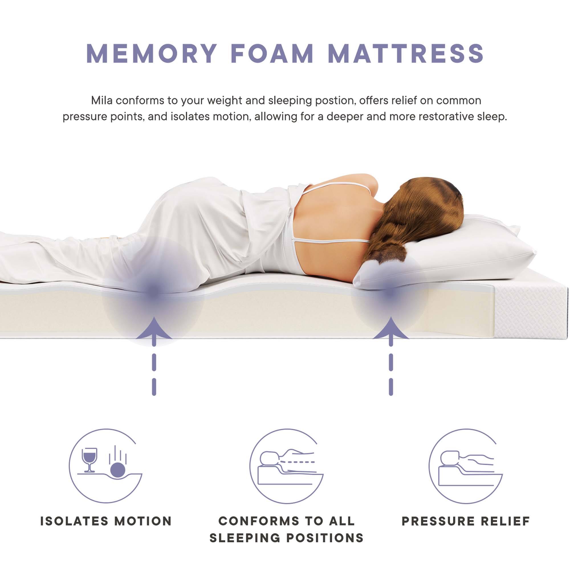 MEMORY FOAM MATTRESS

Mila conforms to your weight and sleeping position, offers relief on common pressure points, and isolates motion, allowing for a deeper and more restorative sleep.

- ISOLATES MOTION
- CONFORMS TO ALL SLEEPING POSITIONS
- PRESSURE RELIEF
