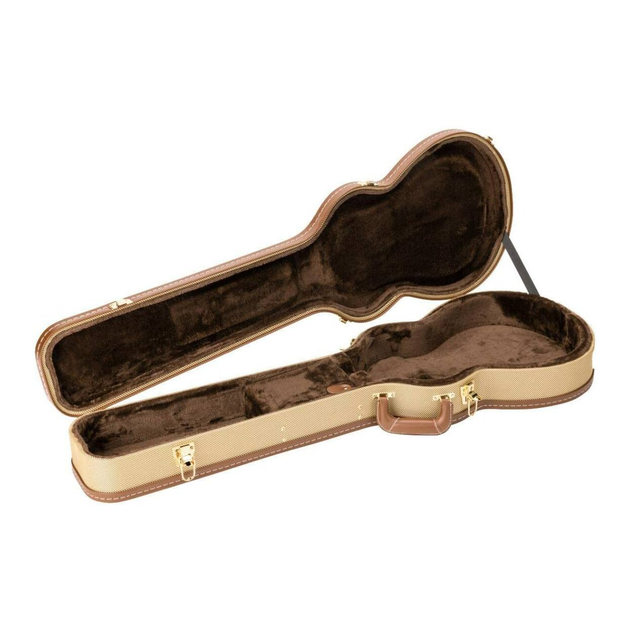 Angle. Gretsch - Gretsch Bass Baritone Tweed Hardshell Case with Shoulder Strap with Gold Latches.