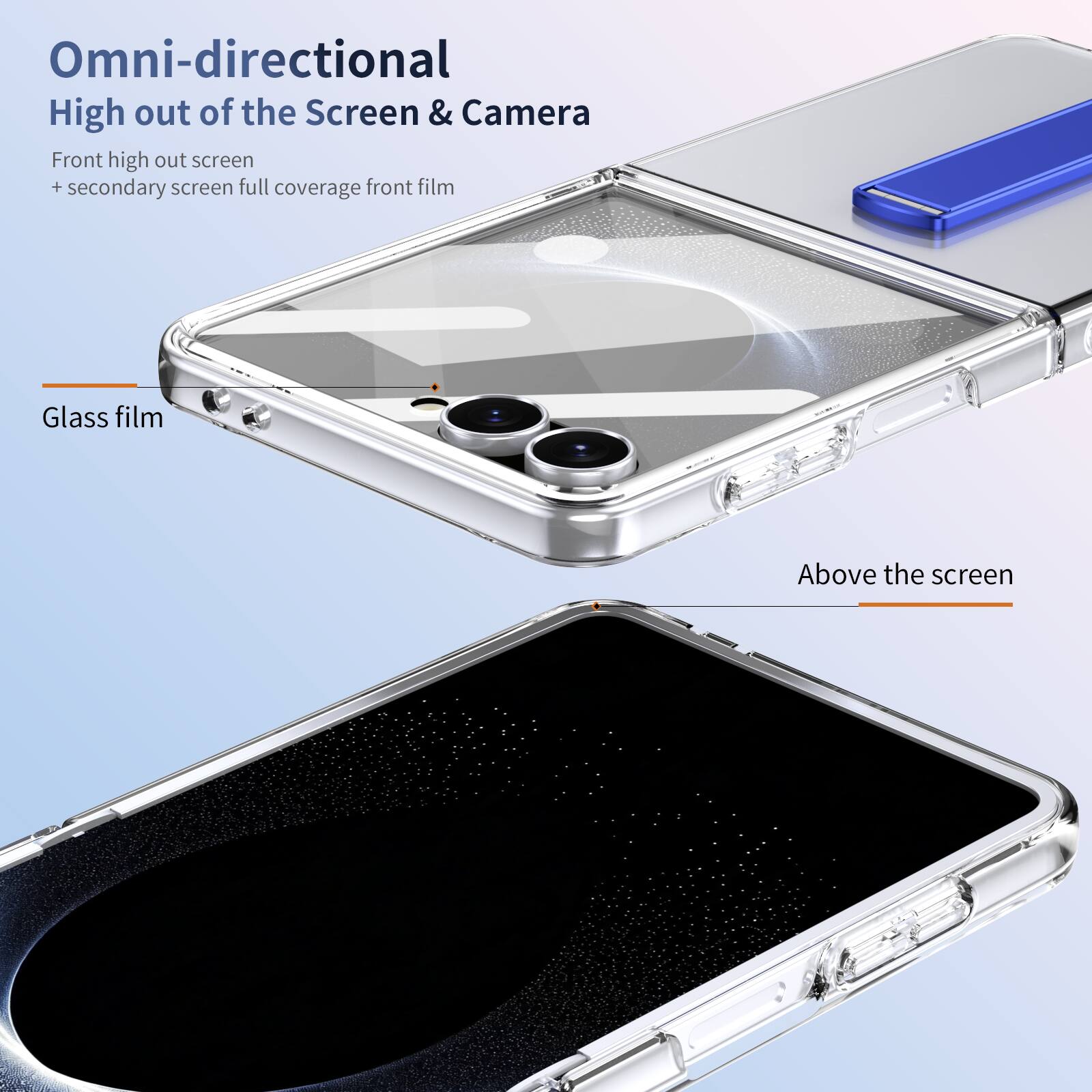 Omni-directional High out of the Screen & Camera  
Front high out screen + secondary screen full coverage front film  
Glass film  
Above the screen