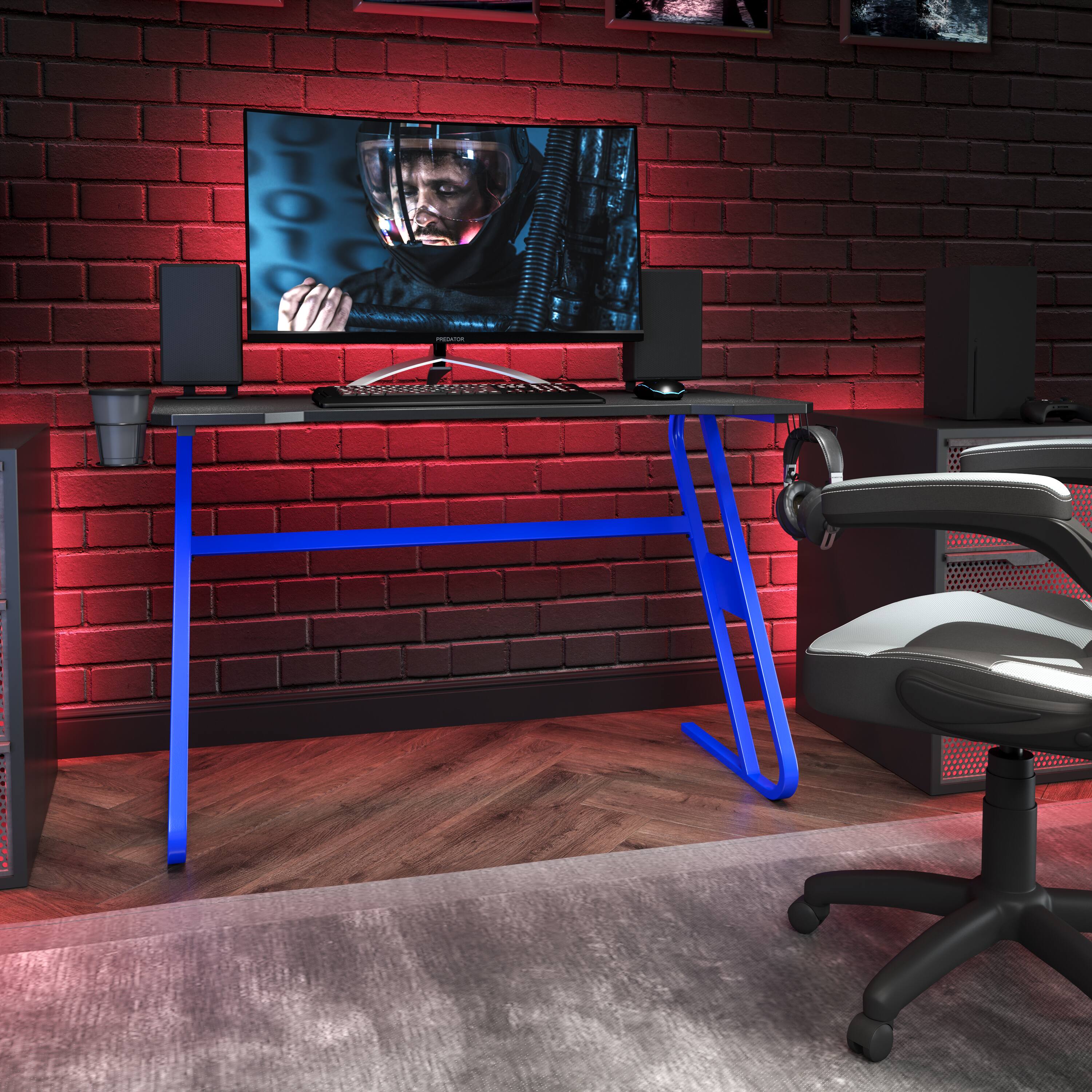 Alt View 1. Emma + Oliver - Professional Gaming Ergonomic Desk with Cup Holder and Headphone Hook - Blue.