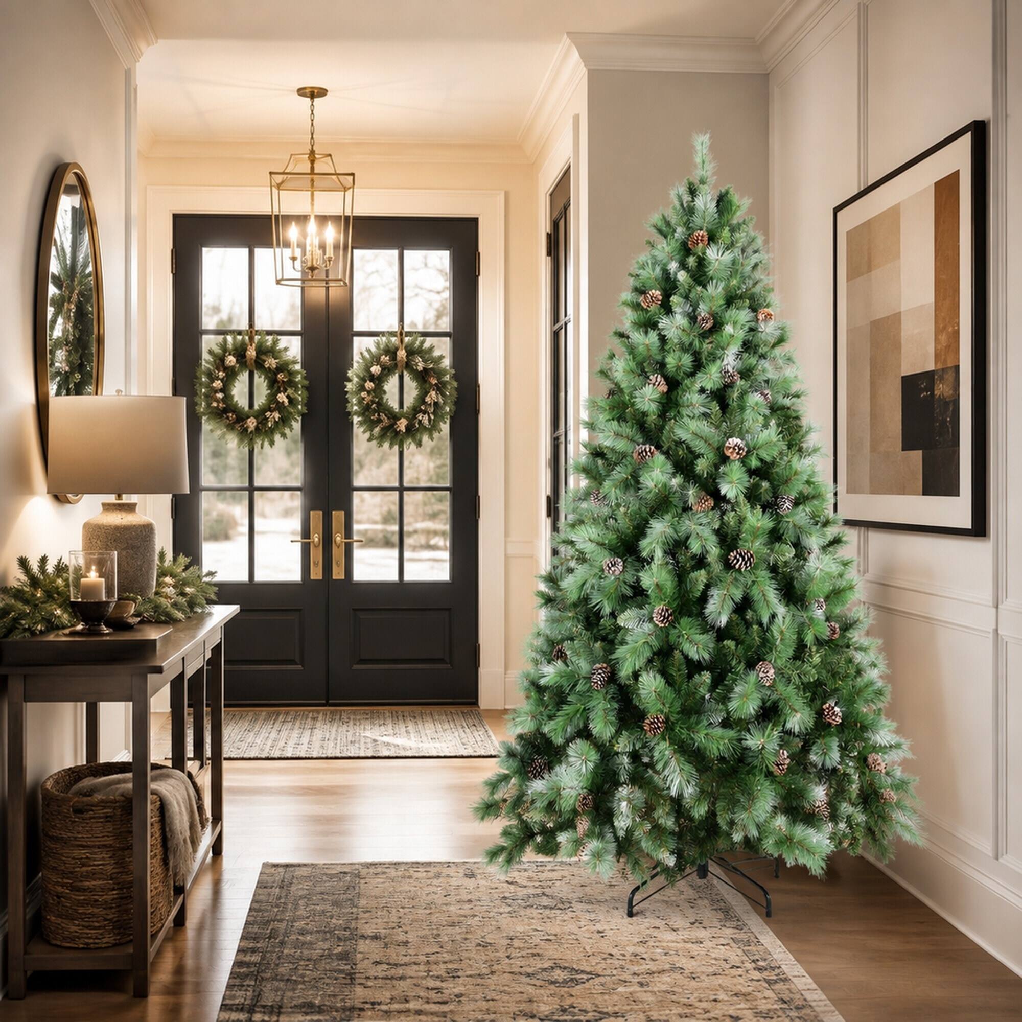 Alt View 2. RYHNUYNE - 7.5FT Christmas Tree With 92 Pine Cones, 1588 Mixed PVC Hard Needle Branches Hinged Structure Sturdy Metal Stand - Green.