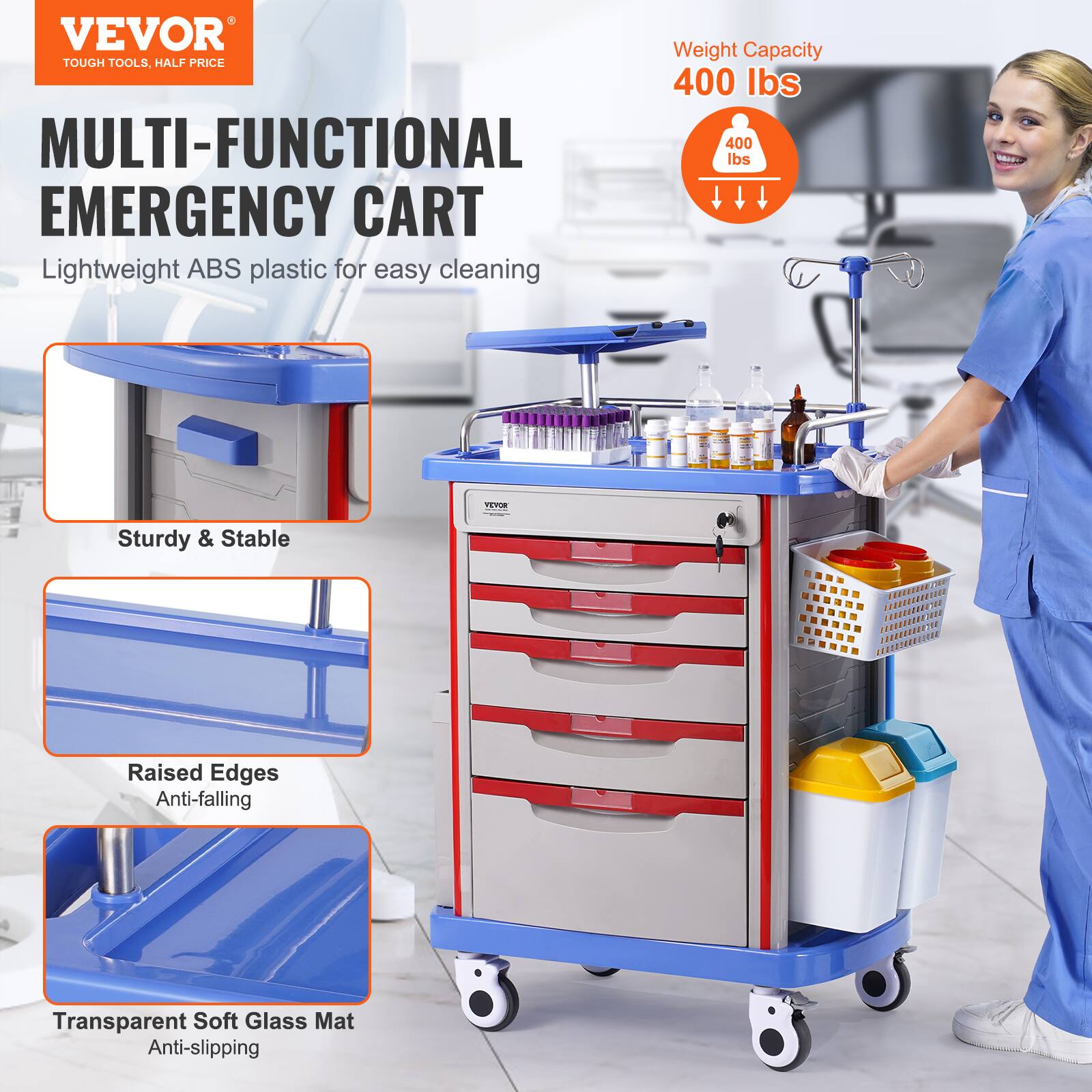 VEVOR TOUGH TOOLS, HALF PRICE MULTI-FUNCTIONAL EMERGENCY CART Lightweight ABS plastic for easy cleaning

Weight Capacity: 400 lbs

Sturdy & Stable

Raised Edges: Anti-falling

Transparent Soft Glass Mat: Anti-slipping
