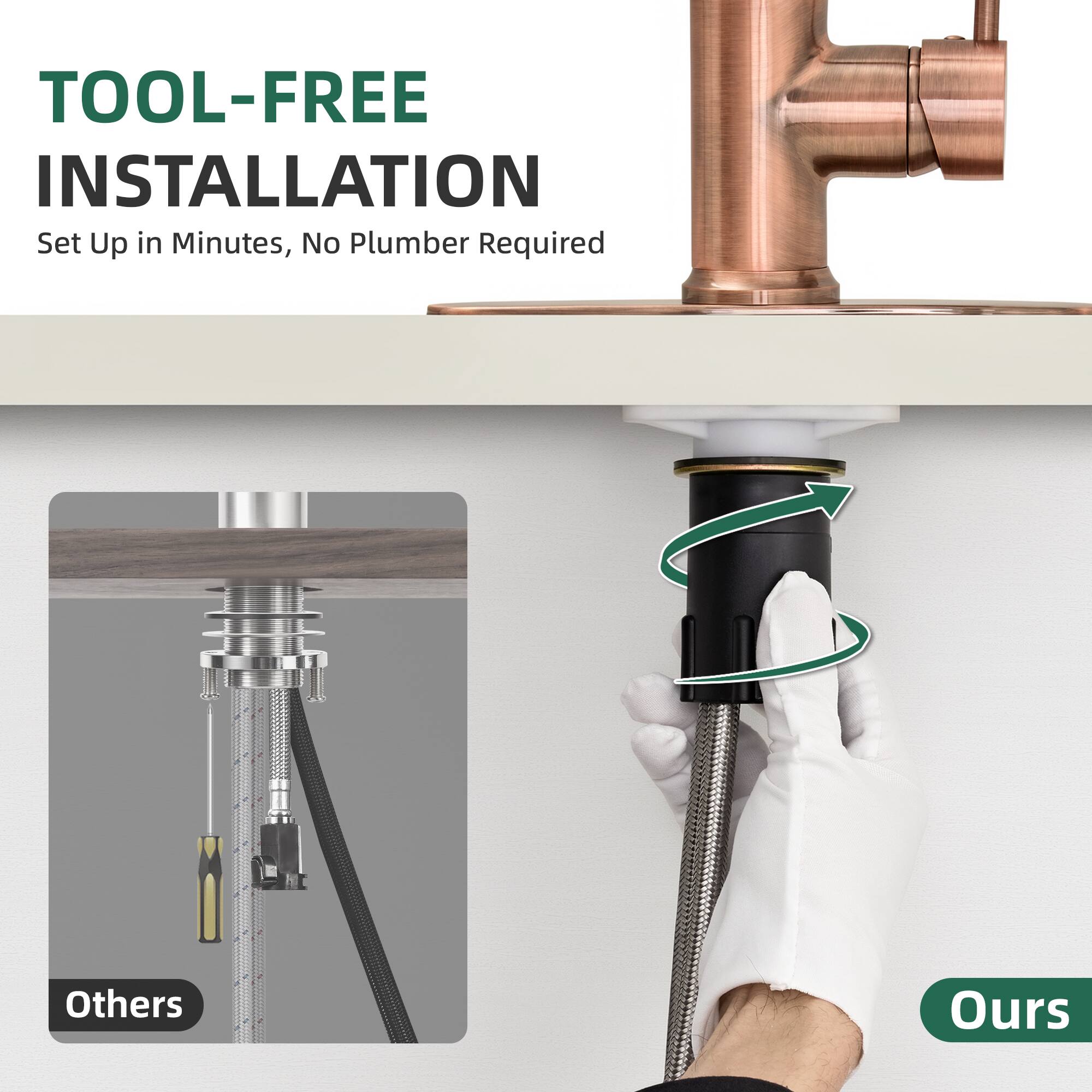 TOOL-FREE INSTALLATION  
Set Up in Minutes, No Plumber Required  

Others  
Ours