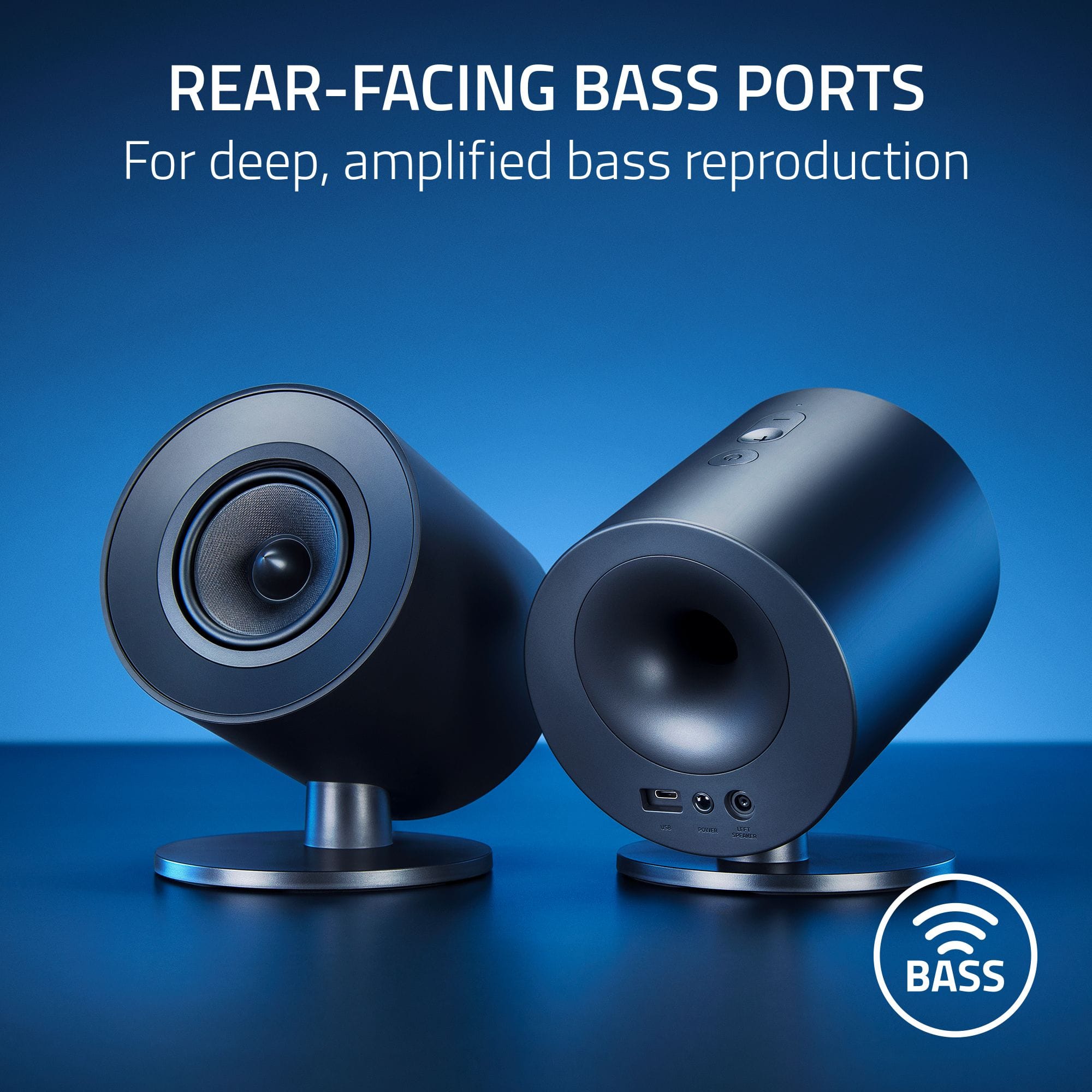 REAR-FACING BASS PORTS FOR DEEP, AMPLIFIED BASS REPRODUCTION