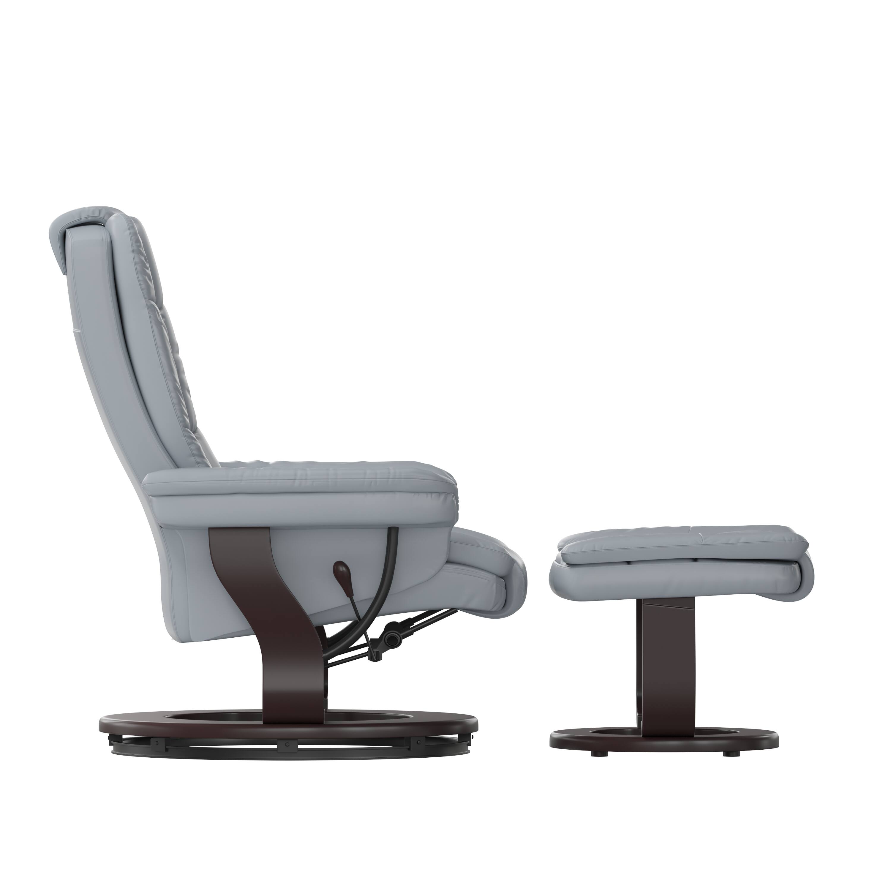 Left. Flash Furniture - Bali Contemporary Multi-Position Recliner with Horizontal Stitching and Ottoman with Swivel Mahogany Wood Base in Gray L - Gray.