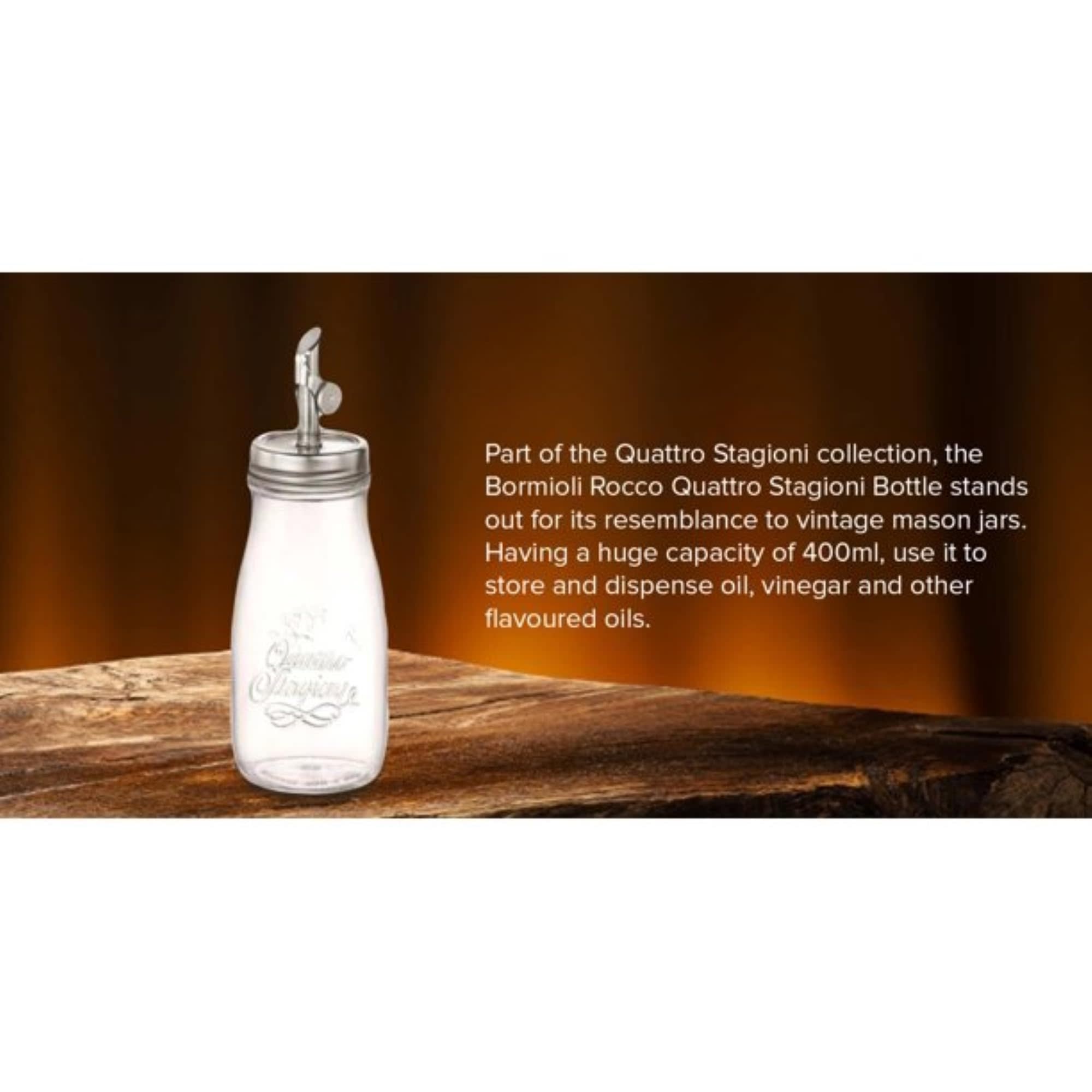 Part of the Quattro Stagioni collection, the Bormioli Rocco Quattro Stagioni Bottle stands out for its resemblance to vintage mason jars. Having a huge capacity of 400ml, use it to store and dispense oil, vinegar and other flavoured oils.