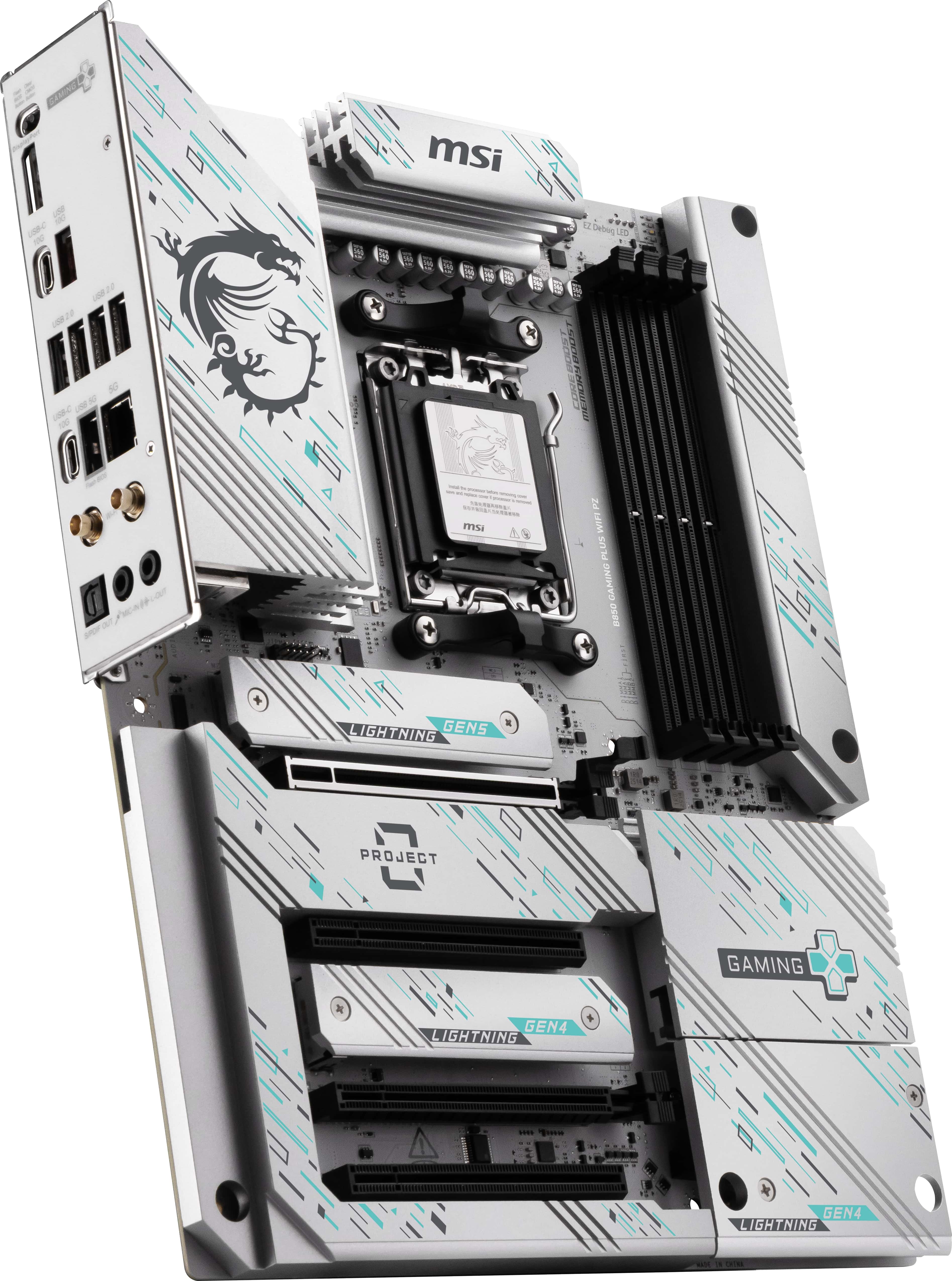 The text on the image is:

- MSI
- EZ Debug LED
- LIGHTNING GEN4
- PROJECT
- GAMING
- LIGHTNING GEN4
- LIGHTNING GEN4
- 880A ON AIR PLUS WIFI 6
- LIGHTNING GEN4