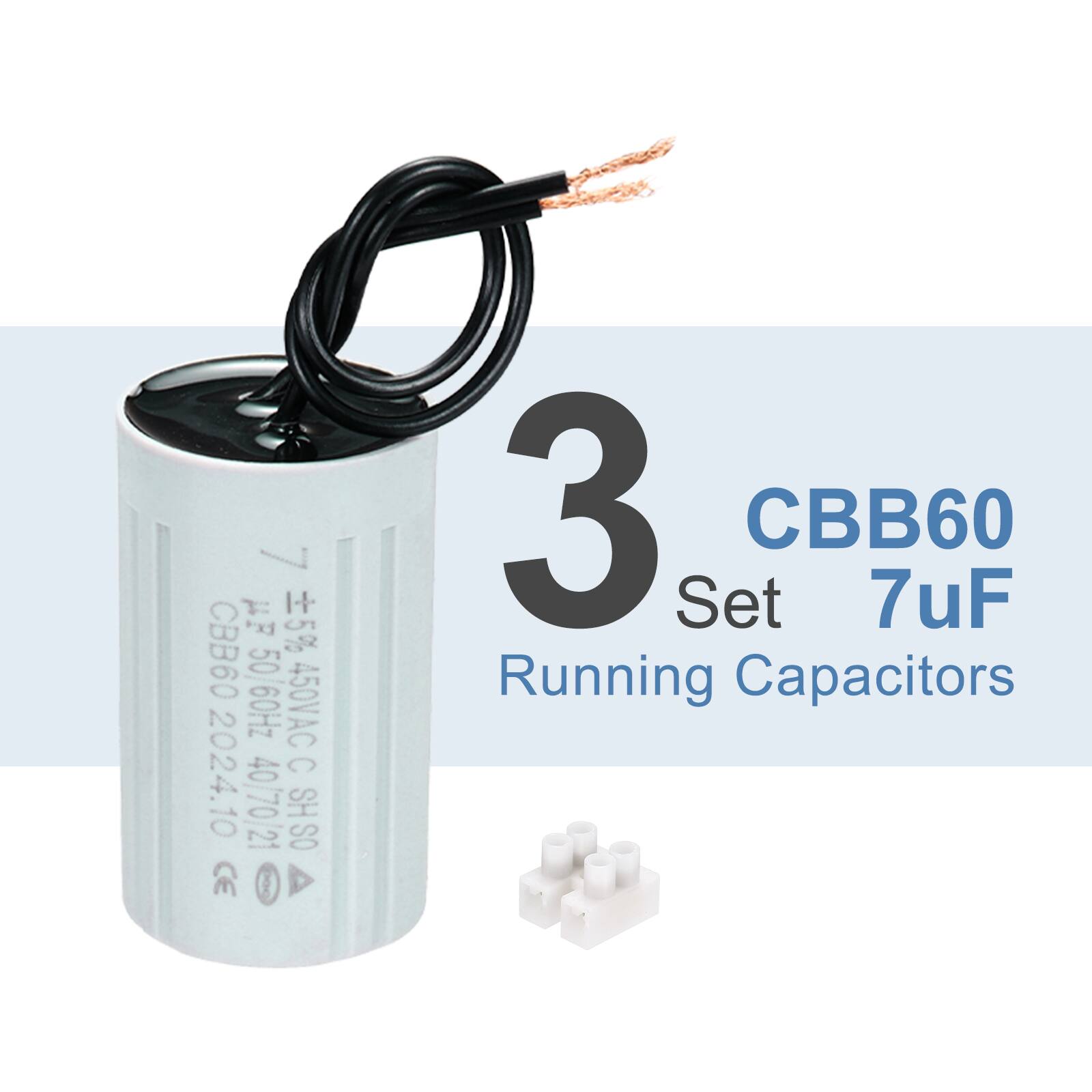 3 Set CBB60 7uF Running Capacitors  
UF 5% CBB60 50/60Hz 450VAC 2024.10 C 407021 SH SO CE