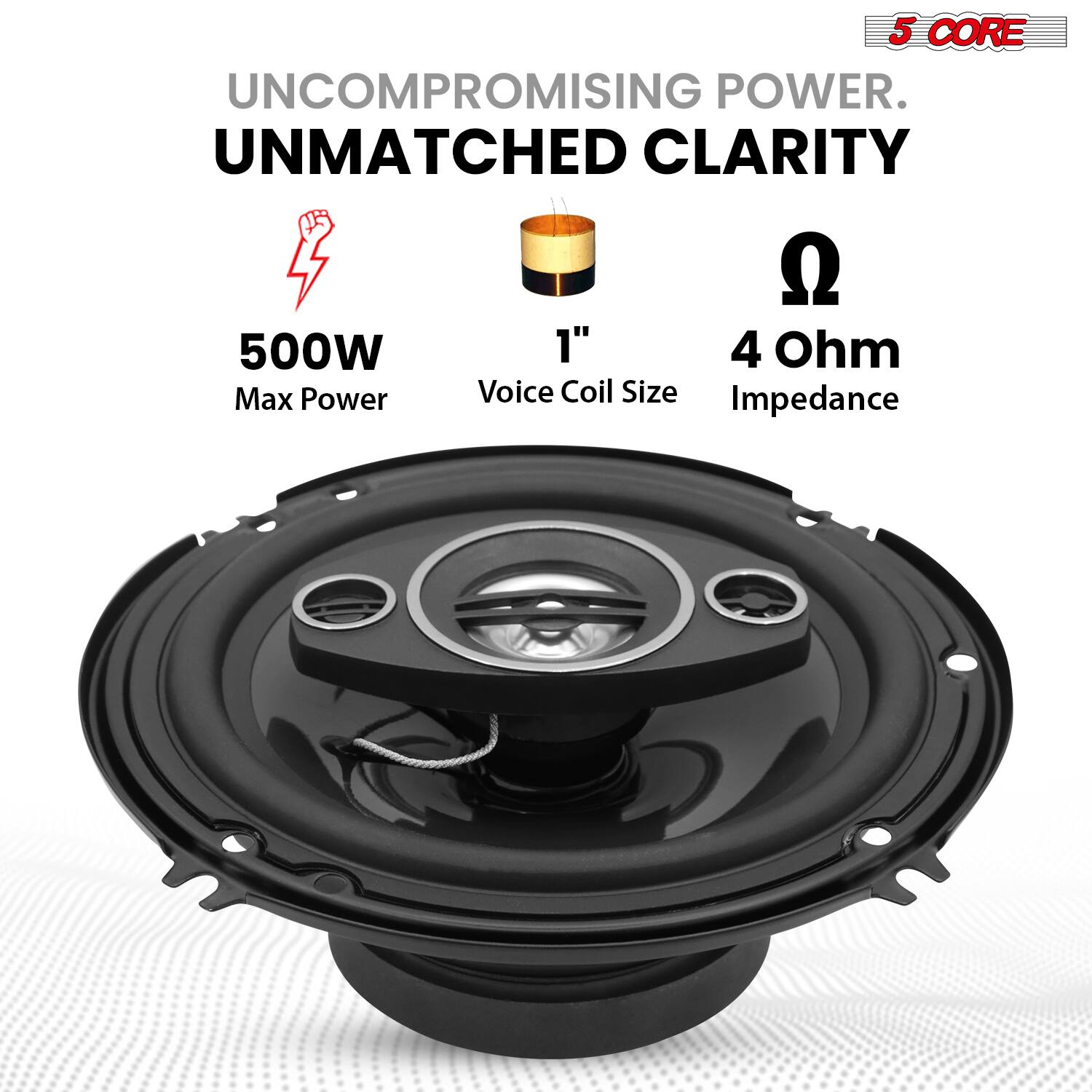 5 CORE  
UNCOMPROMISING POWER.  
UNMATCHED CLARITY  

500W  
1" Voice Coil Size  
4 Ohm Impedance