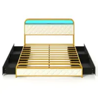 Costway Queen Size Bed Frame with LED Lights & Charging Station Storage Headboard & Drawers - Golden + White - Front_Zoom