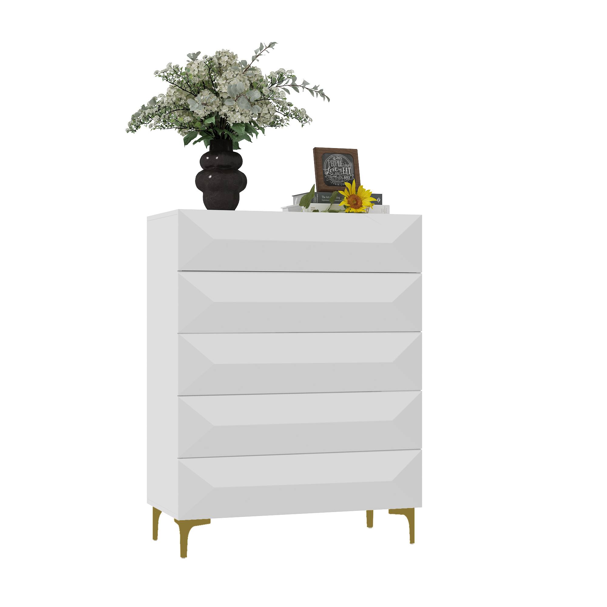 Angle. Famapy - Famapy Vertical Dresser with Glossy White Finish & Gold Metal Legs - White.