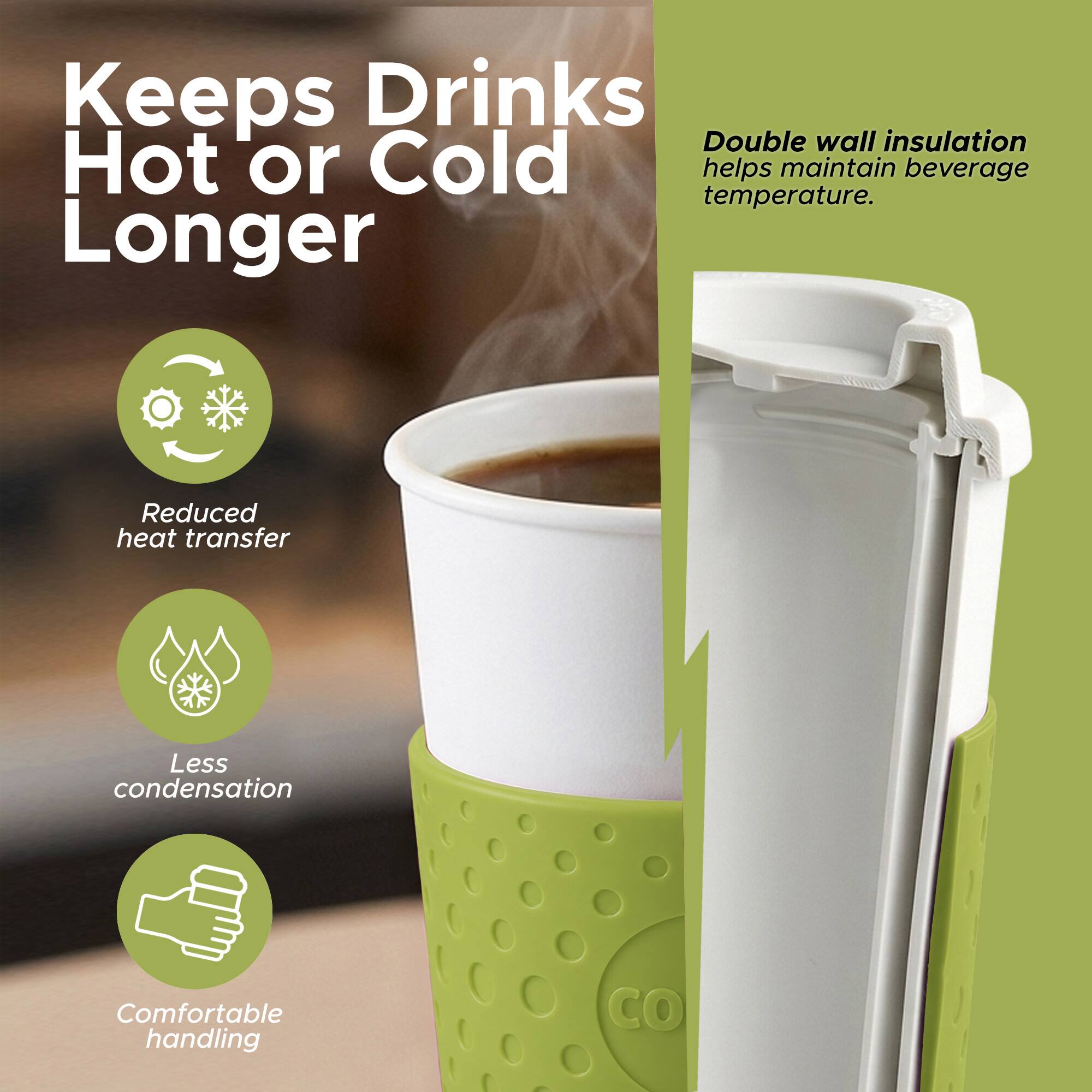 Keeps Drinks Hot or Cold Longer

Double wall insulation helps maintain beverage temperature.

- Reduced heat transfer
- Less condensation
- Comfortable handling