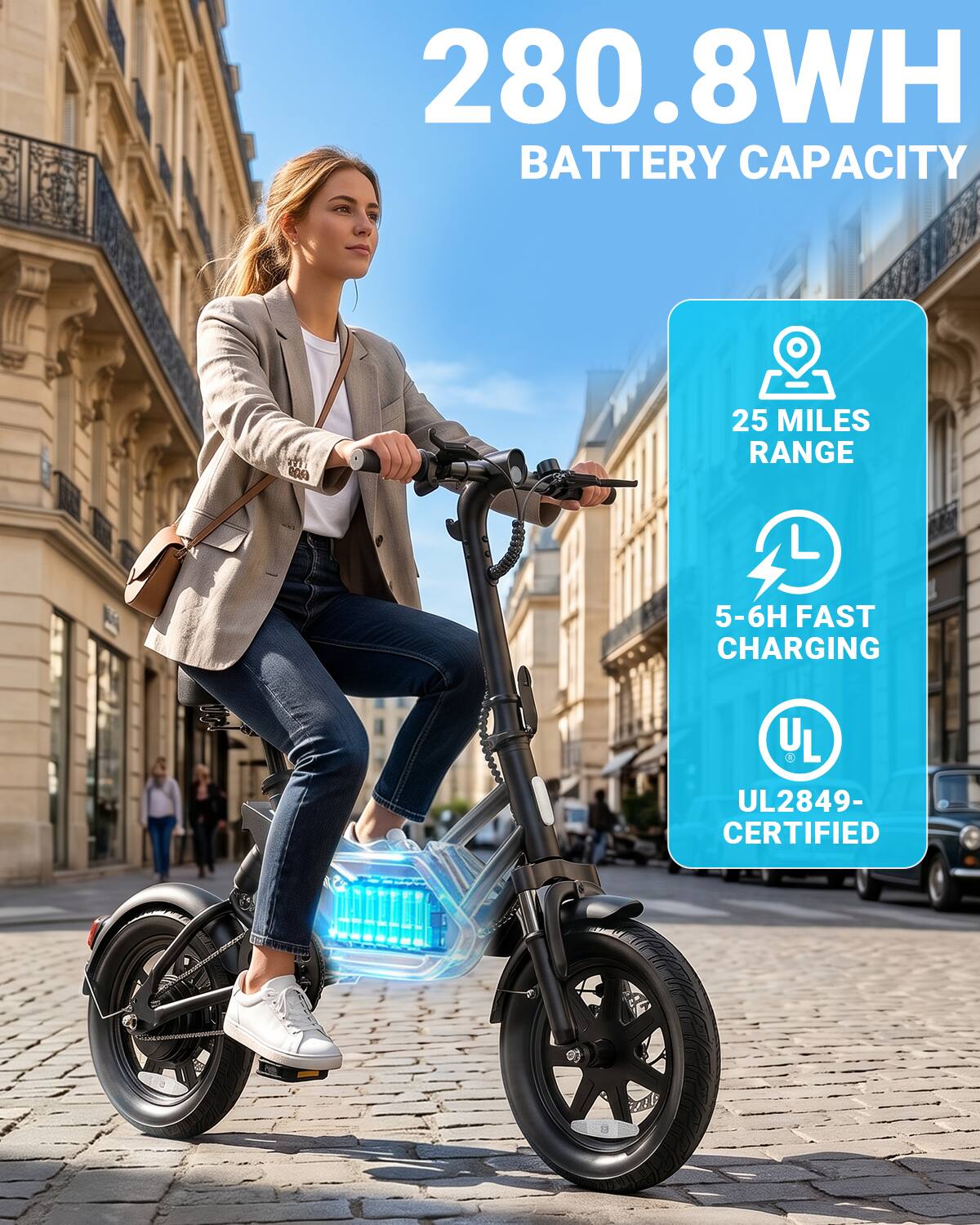 280.8WH BATTERY CAPACITY  
25 MILES RANGE  
5-6H FAST CHARGING  
UL2849-CERTIFIED