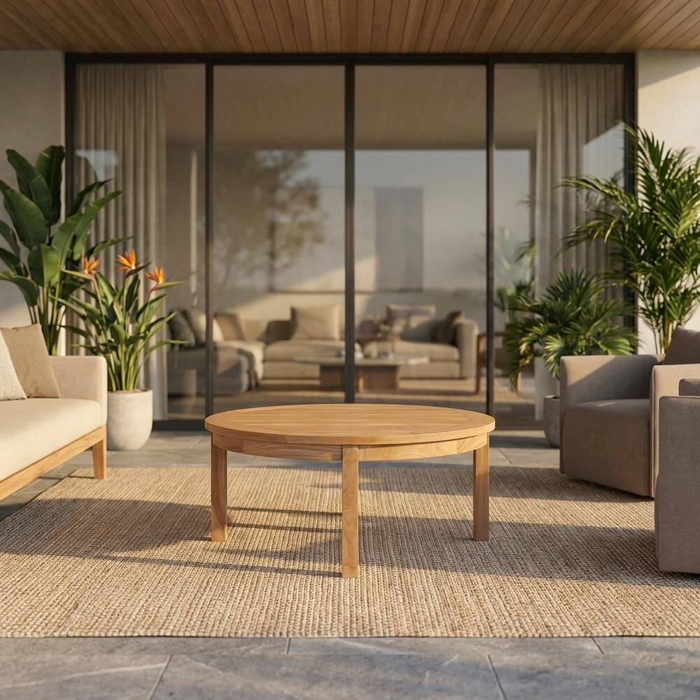 Angle. Outdoor Escape - Teak Outdoor Coffee Table With Round Top And Rustic Finish - Brown.