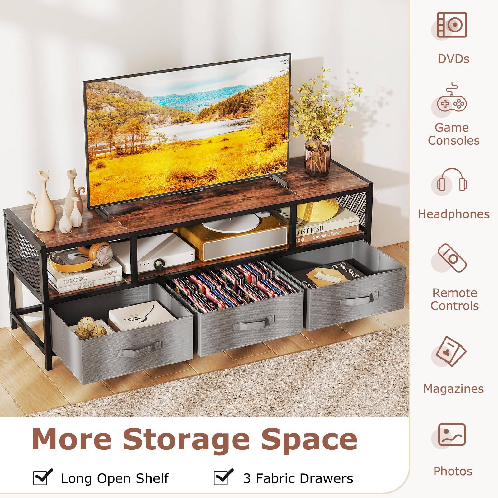 Sure, here is the corrected and grouped text from the image:

---

**More Storage Space**

- Long Open Shelf
- 3 Fabric Drawers

**Icons and Labels:**

- DVDs
- Game Consoles
- Headphones
- Remote Controls
- Magazines
- Photos

---

This text is organized to reflect the content and layout of the image.