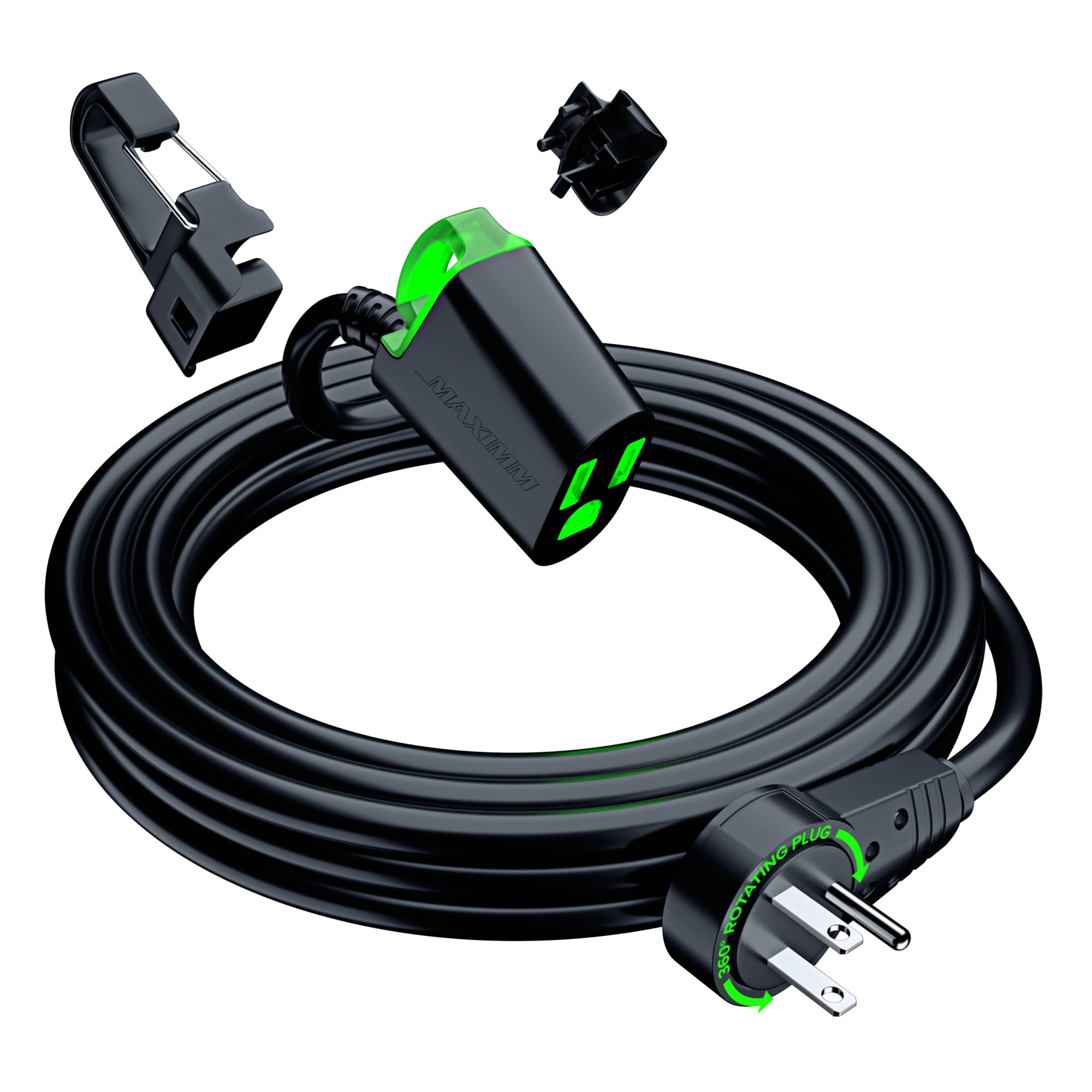 Maximm - 360° Rotating Flat Plug Extension Cord 15 ft, with LED Indicator and Removable Hook, 16 Gauge, UL Certified - Black