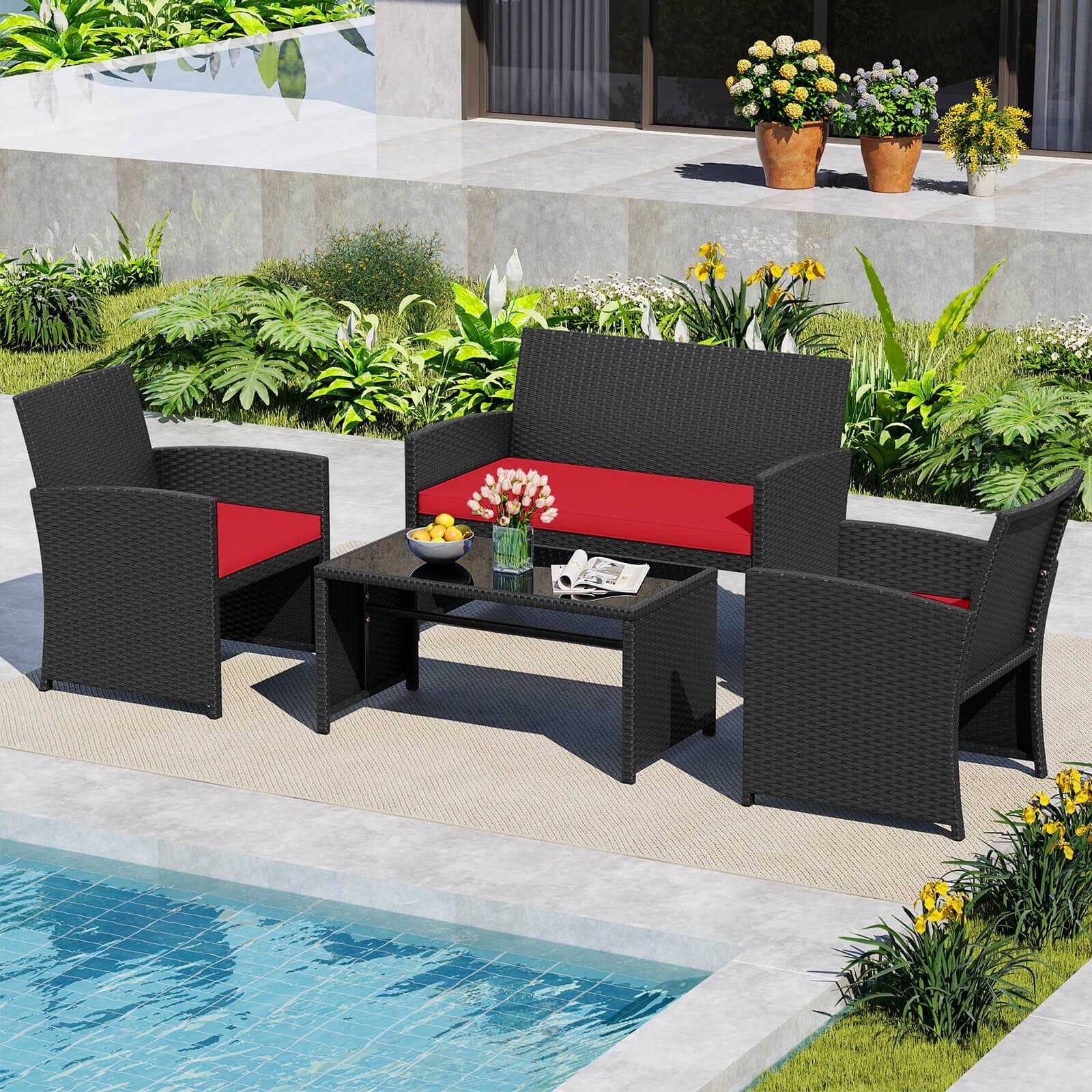 Alt View 1. Costway - Costway 4 PCS Patio Conversation Set with Seat Cushions & Tempered Glass Tabletop, Porch - Red+Black.
