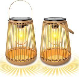 FINEAK - 7.48" 2 Pack Solar Hanging Lanterns - Waterproof Hand-Woven Outdoor Decor - Gold