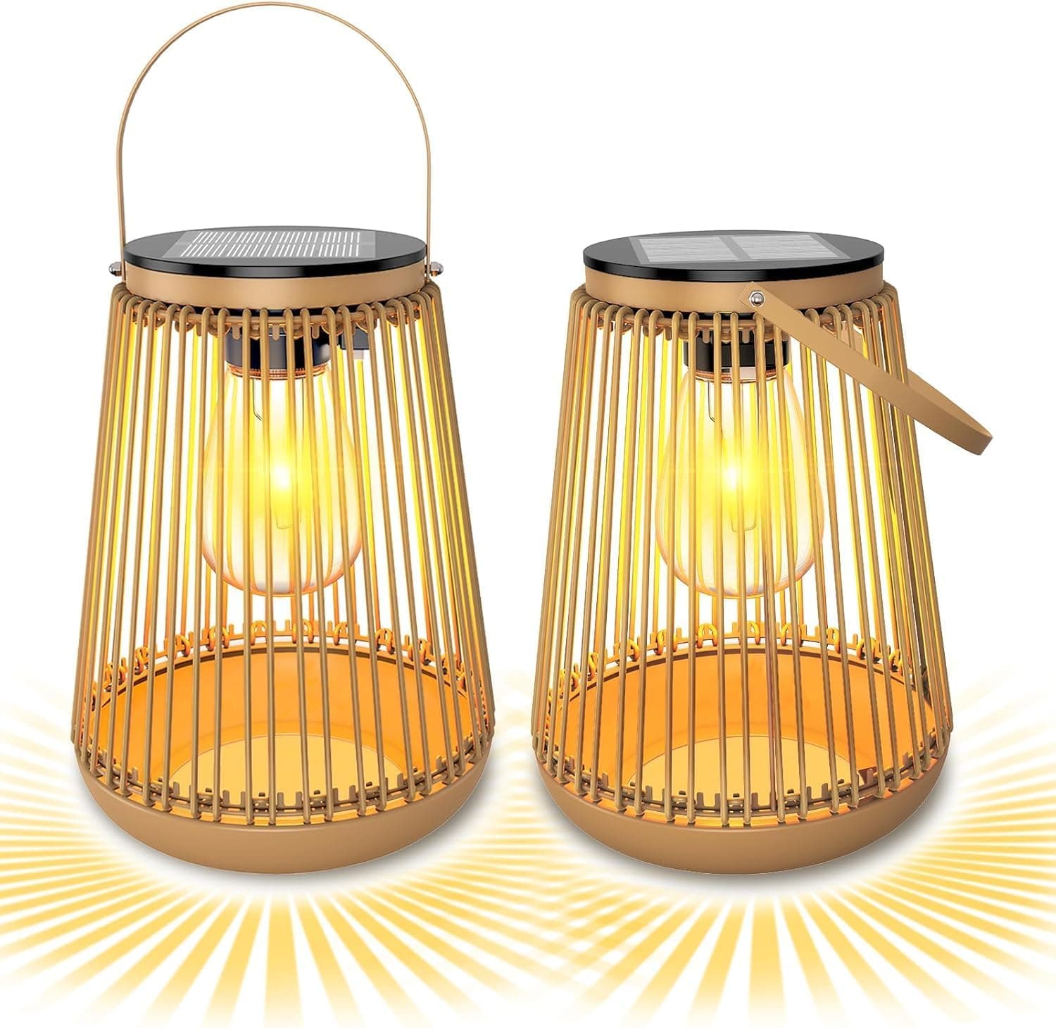 Front. FINEAK - 7.48" 2 Pack Solar Hanging Lanterns - Waterproof Hand-Woven Outdoor Decor - Gold.