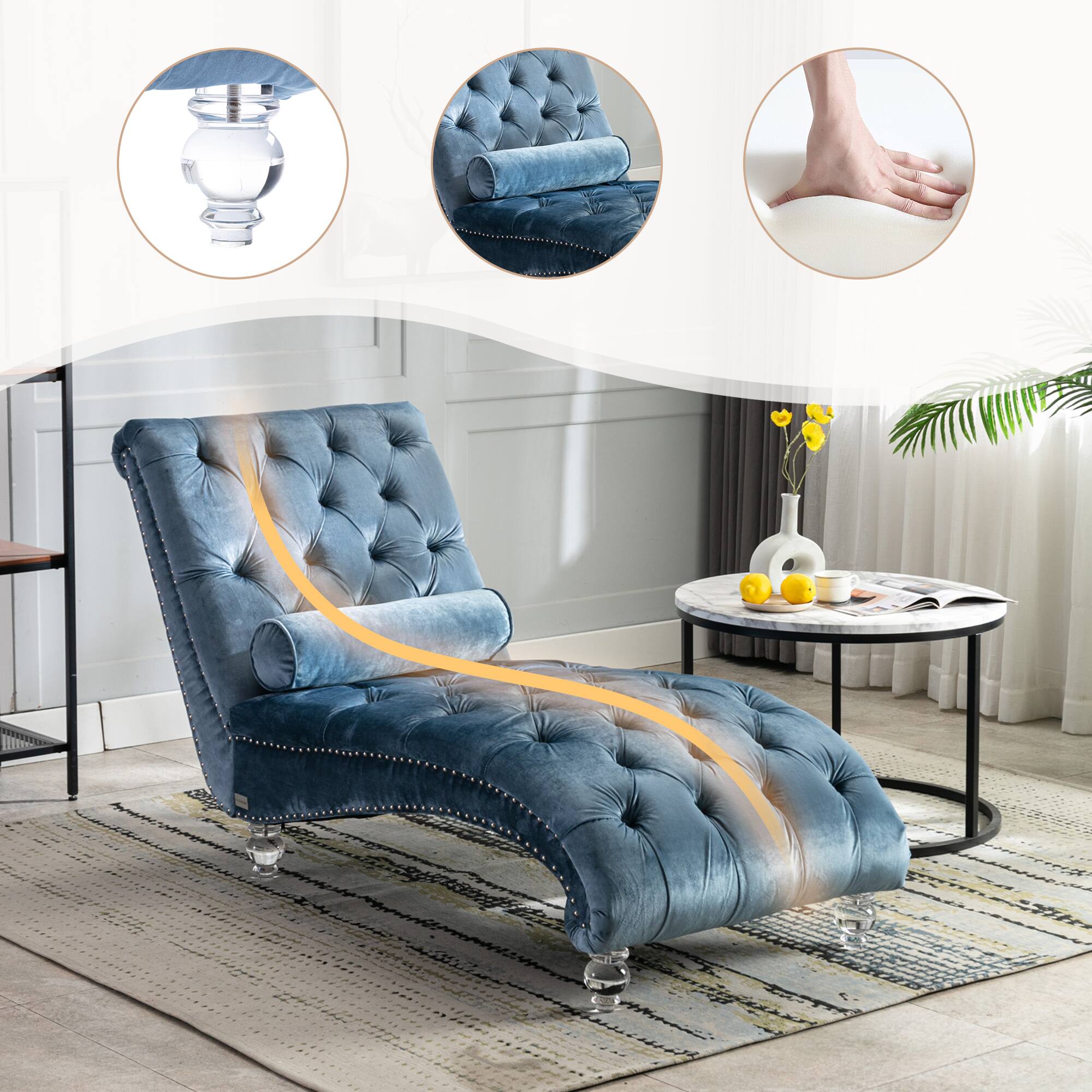 Alt View 1. Trinkets Crazed - Velvet Indoor Chaise Lounge Chair with Toss Pillow, Upholstered Modern Tufted Button Lounge Chair with Acrylic Legs - Light Blue.