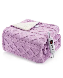 Jojoka - Washable Fast Heating Thick Tufted Sherpa Electric Blanket Throw w/ 10 Heating Levels & 10 Time Settings Throw 50"×60" - Purple
