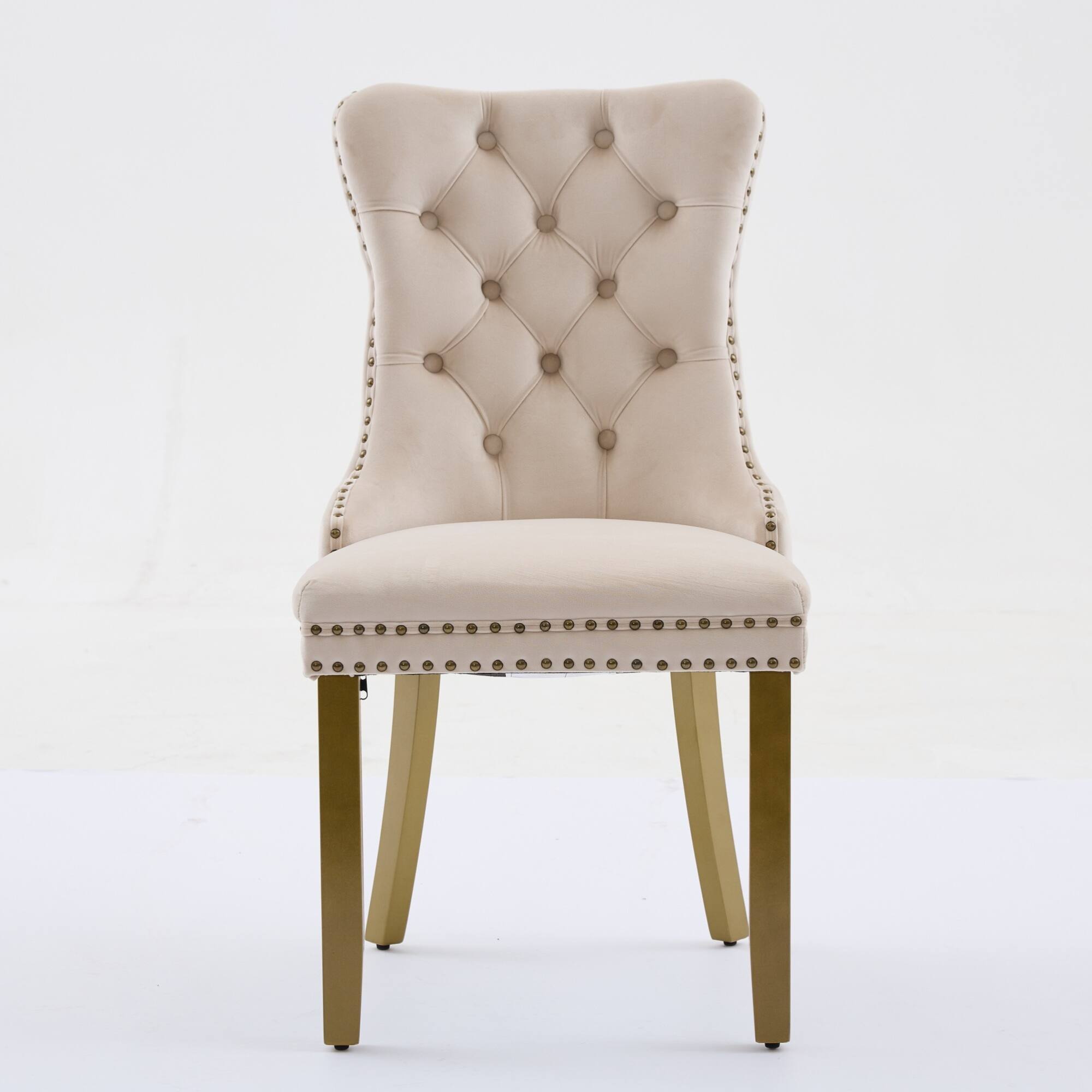 Angle. GOODSILO - Modern Tufted Velvet Dining Chairs with Lion Head Pull Rings and Golden Wooden Legs, Set of 2 - Beige.