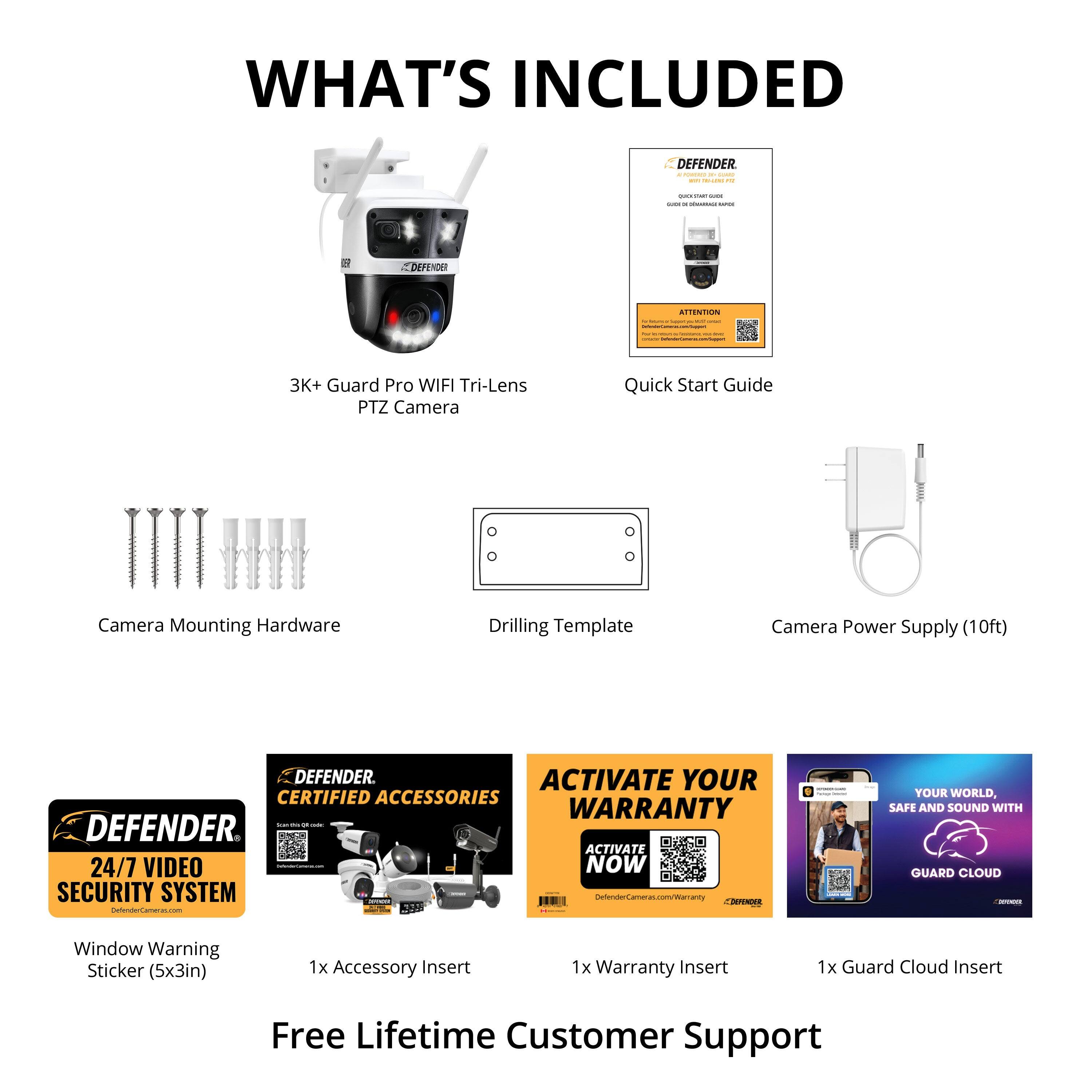 **WHAT'S INCLUDED**

- **3K+ Guard Pro WIFI Tri-Lens PTZ Camera**
- **Quick Start Guide**
- **Camera Mounting Hardware**
- **Drilling Template**
- **Camera Power Supply (10ft)**
- **Window Warning Sticker (5x3in)**
- **1x Accessory Insert**
- **1x Warranty Insert**
- **1x Guard Cloud Insert**
- **Free Lifetime Customer Support**

**DEFENDER**
- **24/7 VIDEO SECURITY SYSTEM**

**ACTIVATE YOUR CERTIFIED ACCESSORIES WARRANTY**
- **DEFENDER ACTIVATE 24/7 VIDEO NOW**

**YOUR WORLD SAFE AND SOUND WITH GUARD CLOUD**