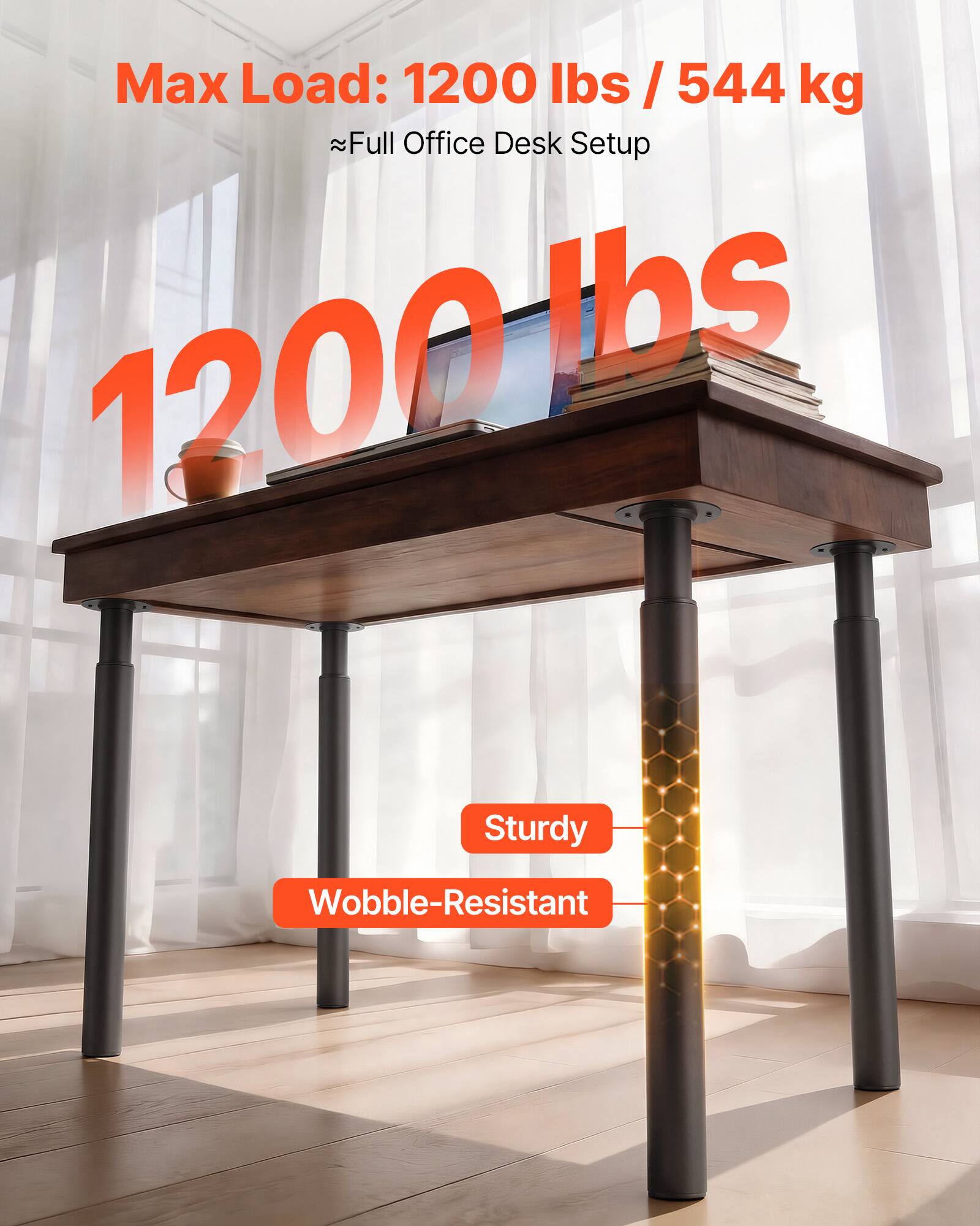 Max Load: 1200 lbs / 544 kg  
~Full Office Desk Setup  

1200 lbs  

Sturdy  
Wobble-Resistant