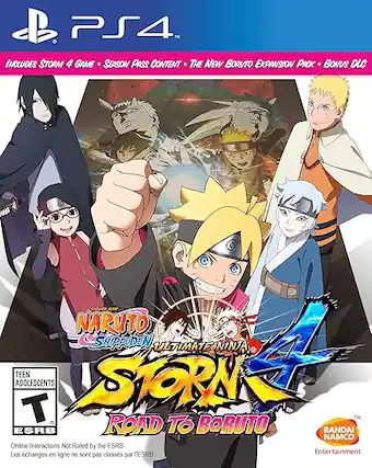 PS4 INCLUDES STORM 4 GAME SEASON PASS CONTENT THE NEW BORUTO EXPANSION PACK BONUS DLC NARUTO SHIPPUDEN UL MATE NINJA TEEN ADOLESCENTS T STORM 4 TM ESRB ROAD TO BORUTO BANDAI NAMCO Online Interactions Not Rated by the ESRB Les échanges en ligne ne sont pas classés par l'ESRB - T (Teen 13+)