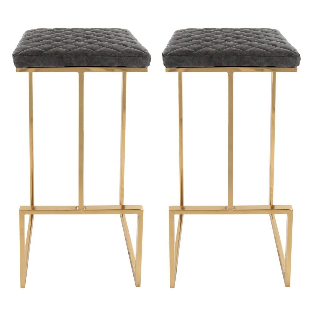 Front. LeisureMod - Quincy Modern Quilted Leather Bar Stool with Gold Metal Frame Counter Height Chair Set of 2 - Grey.