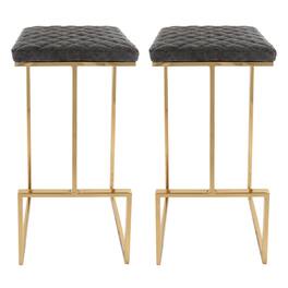 LeisureMod - Quincy Modern Quilted Leather Bar Stool with Gold Metal Frame Counter Height Chair Set of 2 - Gray