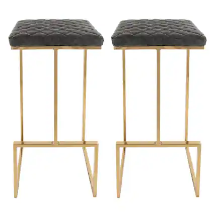 Front. LeisureMod - Quincy Modern Quilted Leather Bar Stool with Gold Metal Frame Counter Height Chair Set of 2 - Grey.
