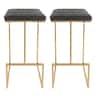 LeisureMod - Quincy Modern Quilted Leather Bar Stool with Gold Metal Frame Counter Height Chair Set of 2 - Gray