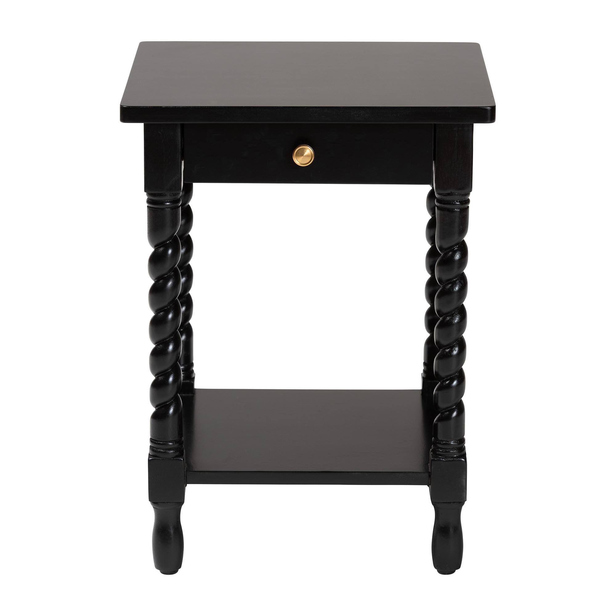 Left. bali & pari - Baxton Studio Niklas Nightstand with Twisted Legs - 1-Drawer Bedroom Side Table with Storage Shelf, Black - Black.