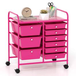 Costway - 9 Drawer Rolling Organizer Cart Utility Storage Tools Scrapbook Paper Multi-Use - Hot Pink