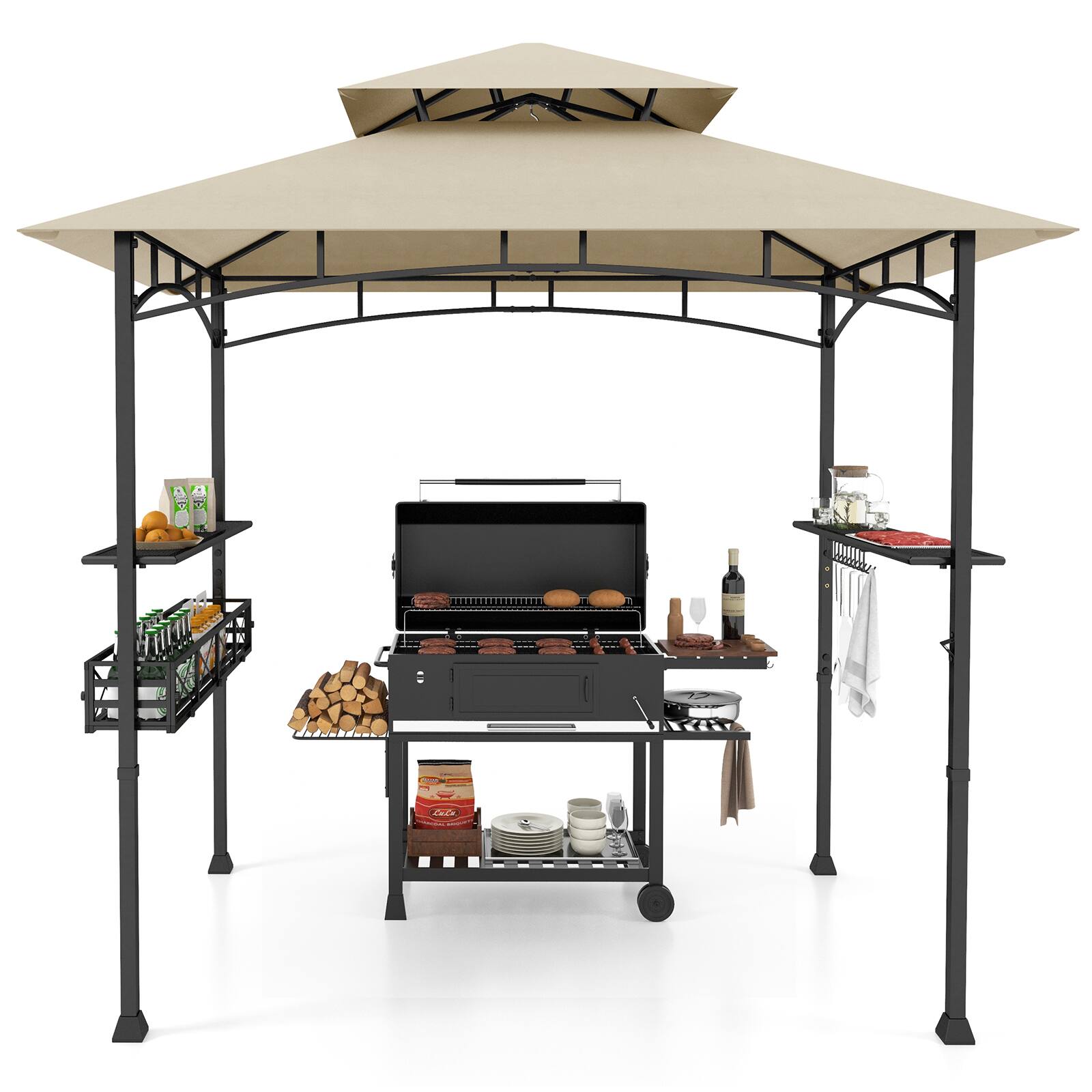 Alt View 9. Gymax - Gymax 8 x 5 FT BBQ Grill Gazebo w/ 2 Side Shelves Storage Basket Hanging Hooks Outdoor Beige & Black - Beige, Black.