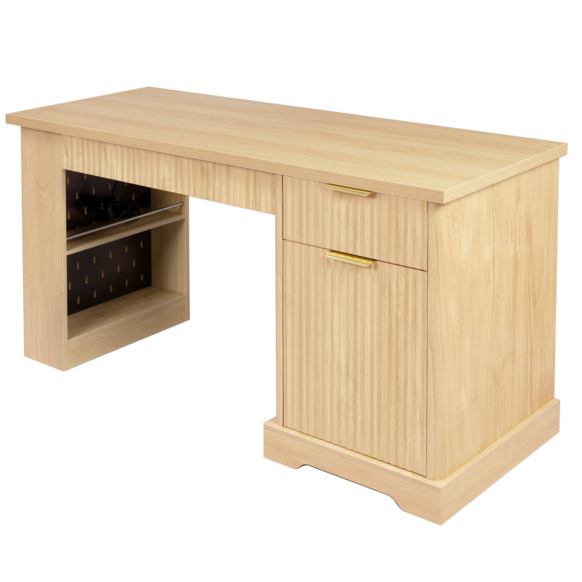 Alt View 3. Boyel Living - 55 Inch Fluted Office Desk with Storage Cabinet Drawers and Power Outlet Light Oak - Dark Walnut.