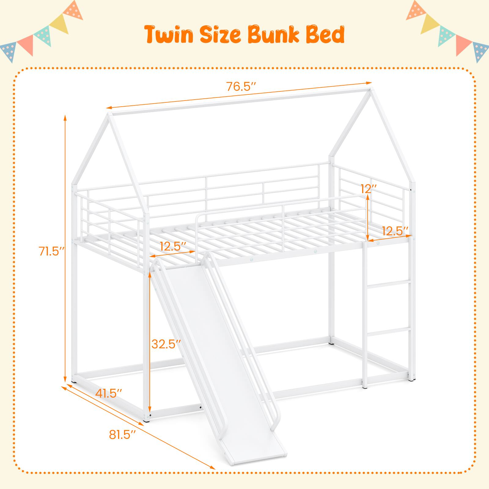 Twin Size Bunk Bed

76.5" 12" 71.5" 12.5" 12.5" 32.5" 41.5" 81.5"