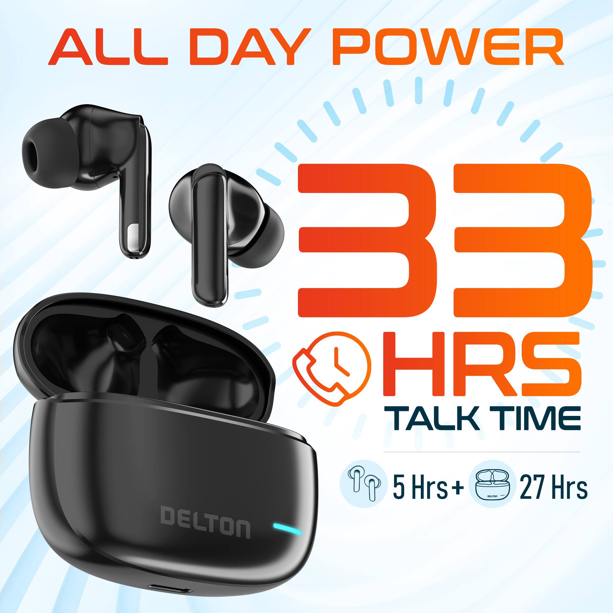 ALL DAY POWER 33 HRS TALK TIME 5 Hrs+ : 27 Hrs DELTON