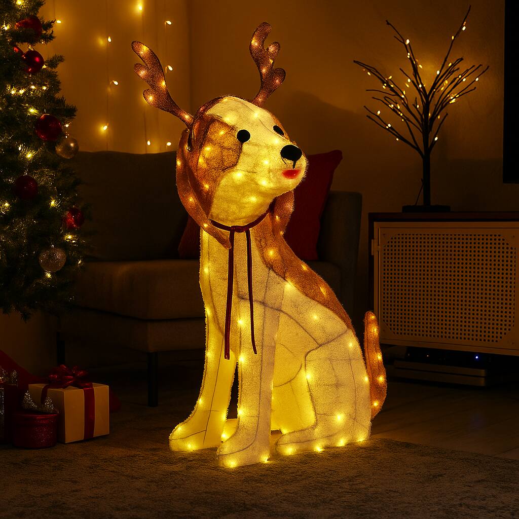 Front. BreeBe - Christmas Dog Figure with LED Lighting, Ground Stakes, and Zip Ties - Brown.