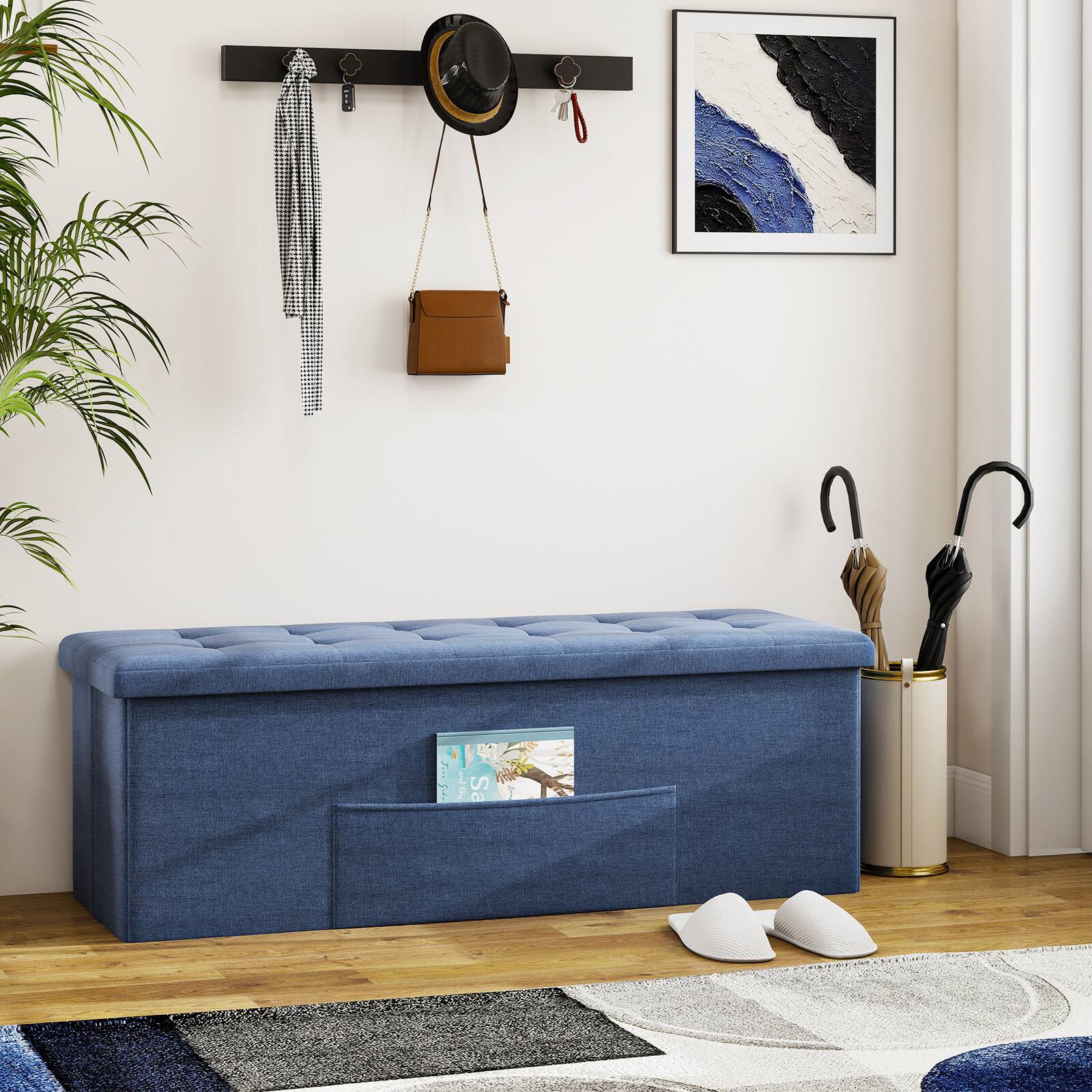 Alt View 9. Costway - Costway Fabric Folding Storage Ottoman Storage Chest W/Divider Bed End Bench - Navy.