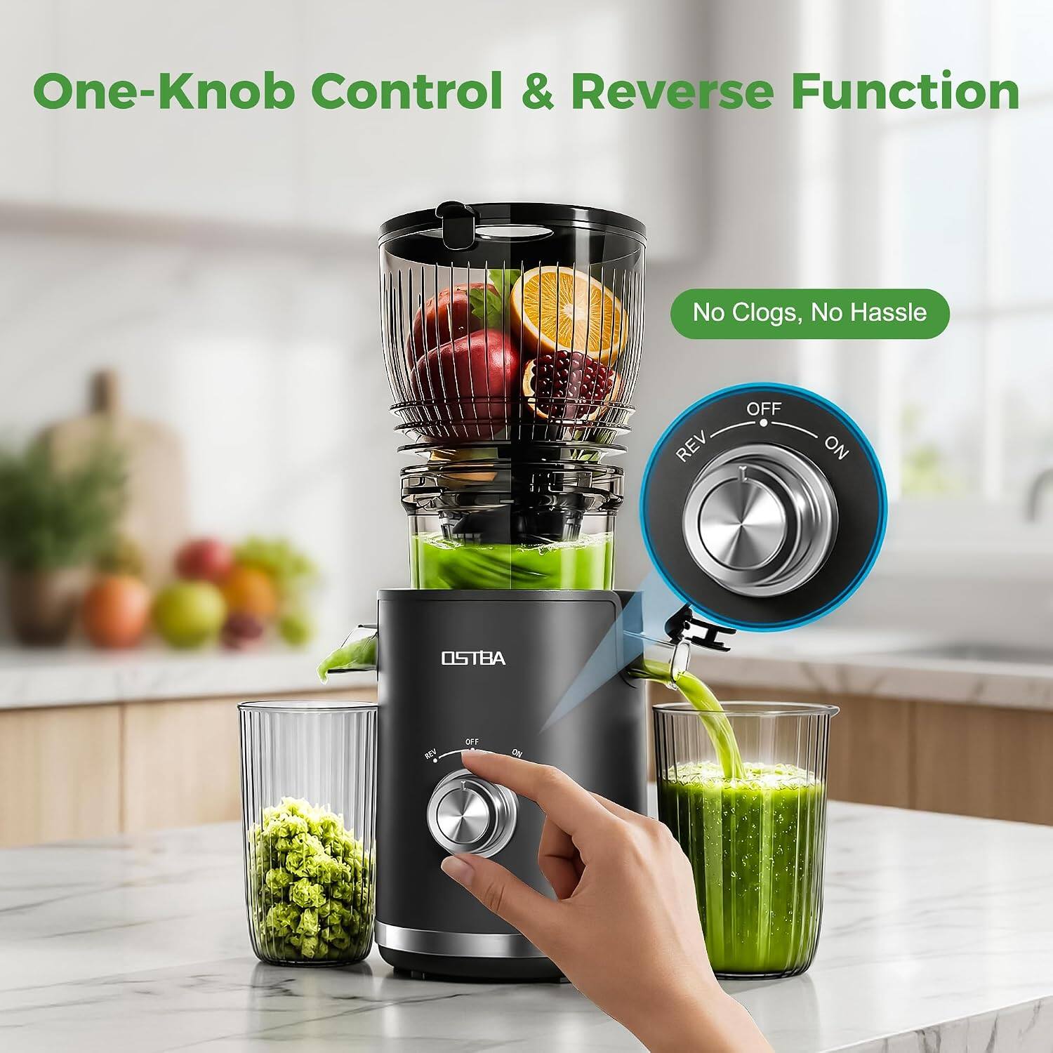 One-Knob Control & Reverse Function  
No Clogs, No Hassle  
REV OFF ON  
OSTBA