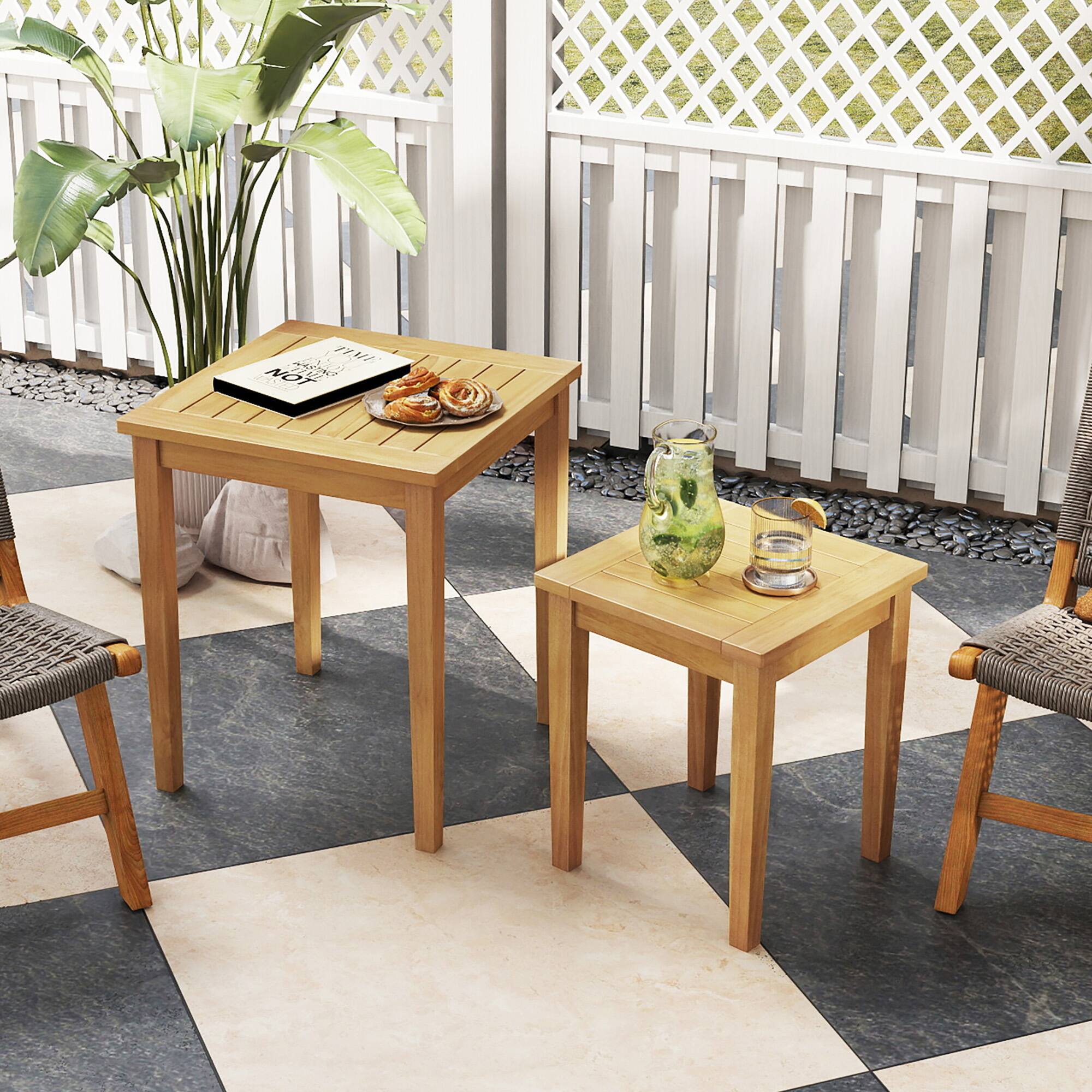 Alt View 4. Gymax - Gymax 2 PCS Patio Nesting Table Teak Wood Outdoor Space Saving Design Square End Table - Natural.