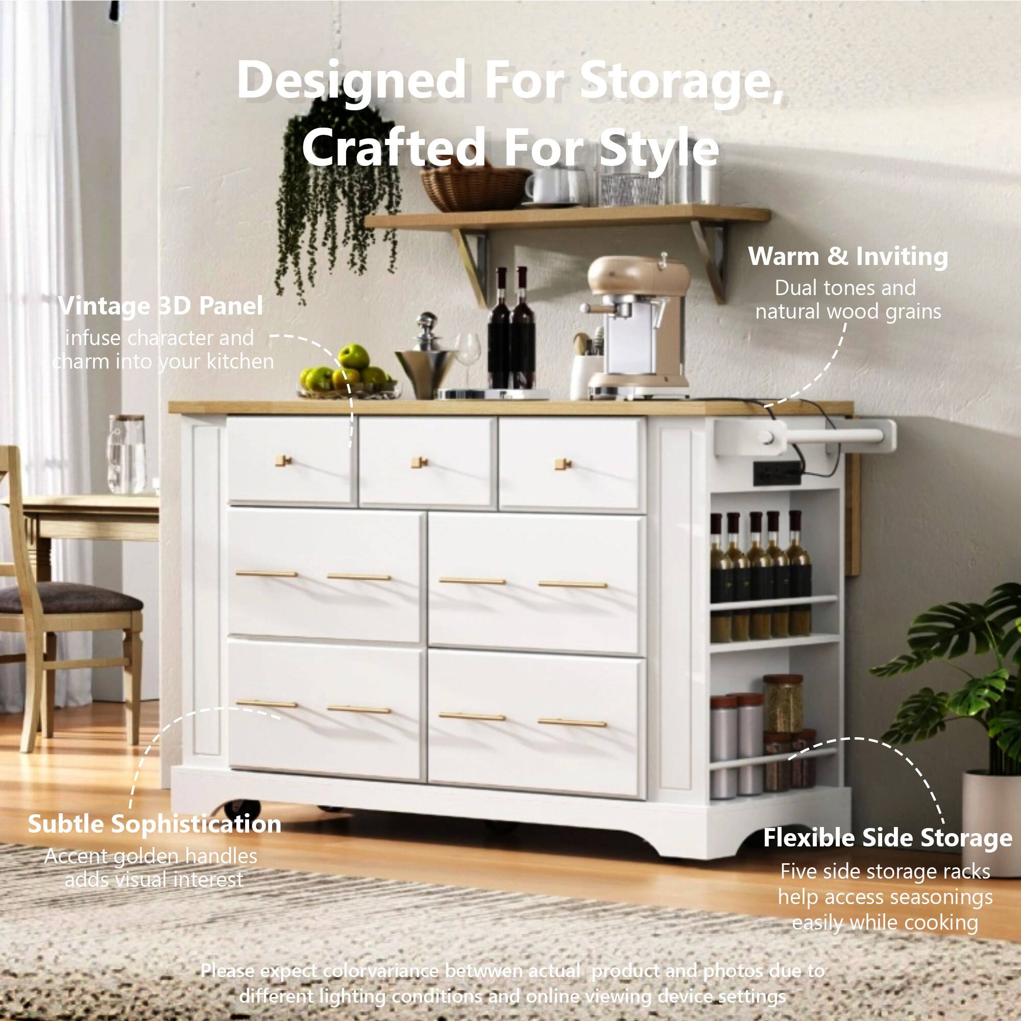 Designed For Storage,  
Crafted For Style

Vintage 3D Panel  
infuse character and charm into your kitchen

Warm & Inviting  
Dual tones and natural wood grains

Subtle Sophistication  
Accent golden handles adds visual interest

Flexible Side Storage  
Five side storage racks help access seasonings easily while cooking

Please expect color variance between actual product and photos due to different lighting conditions and online viewing device settings