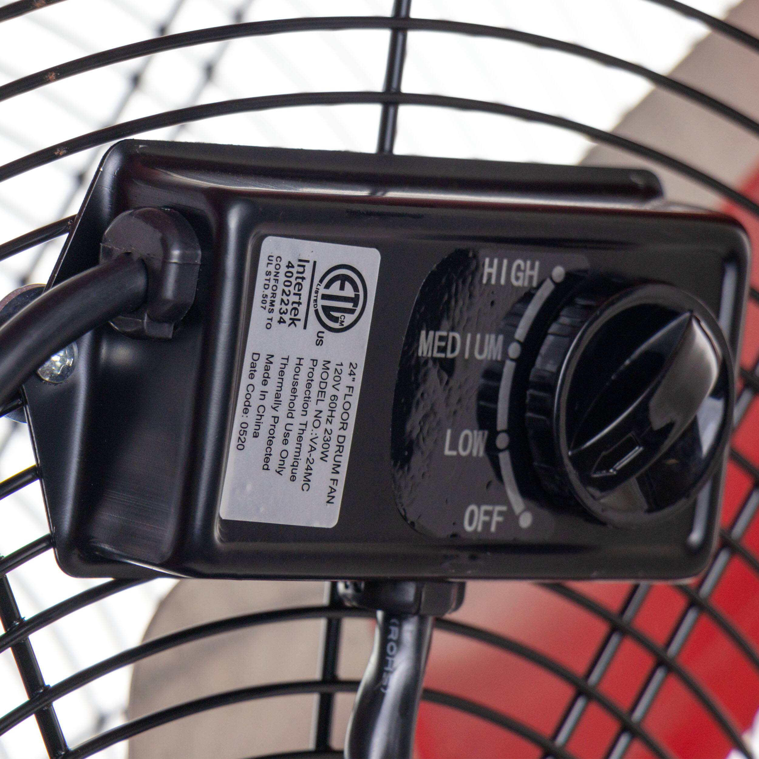 UL STD.507 507 CONFORMS 4002234 Intertek OALST ET TO CM US Date Made 120V 24" Code: In Thermally Protected Only MODEL China 60Hz230W 60Hz FLOOR DRUM FAN H | GH MED I UM LOW OFF (ROHE)